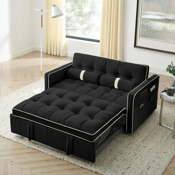 3 in 1 Convertible Sleeper Sofa Bed,55" Modern Velvet Sofa Couch Bed with 2 Lumbar Pillows and Adjsutable Backrest,2 Seater Loveseats Sofa for Apartment Office Living Room,Black