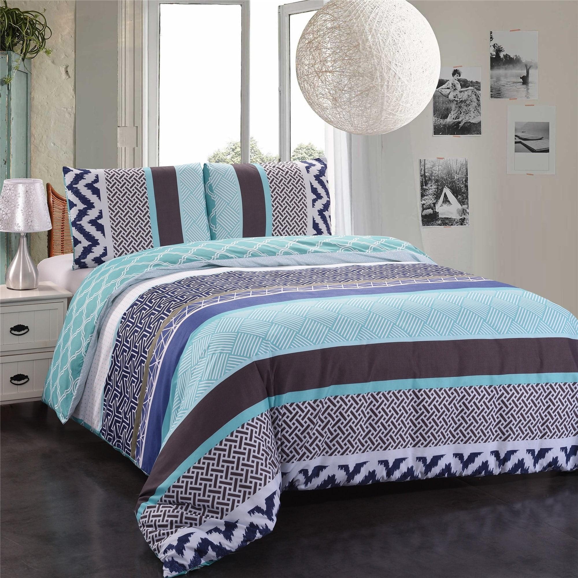 Unbranded 3-piece Reversible Duvet Cover Set Geometric Strip Pattern Blue Brown Queen