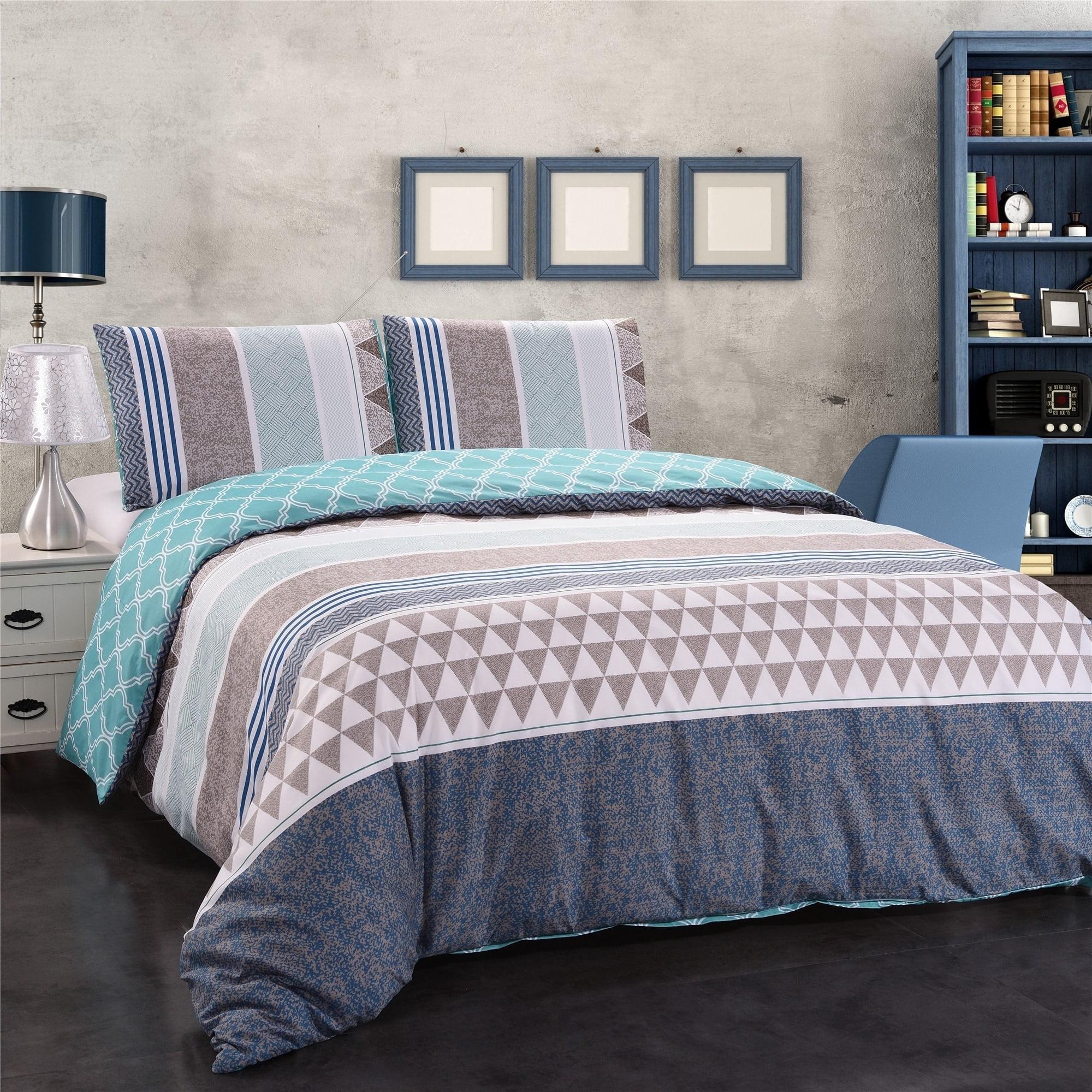 Unbranded 3-piece Reversible Duvet Cover Set Geometric Strip Pattern Blue Grey Queen