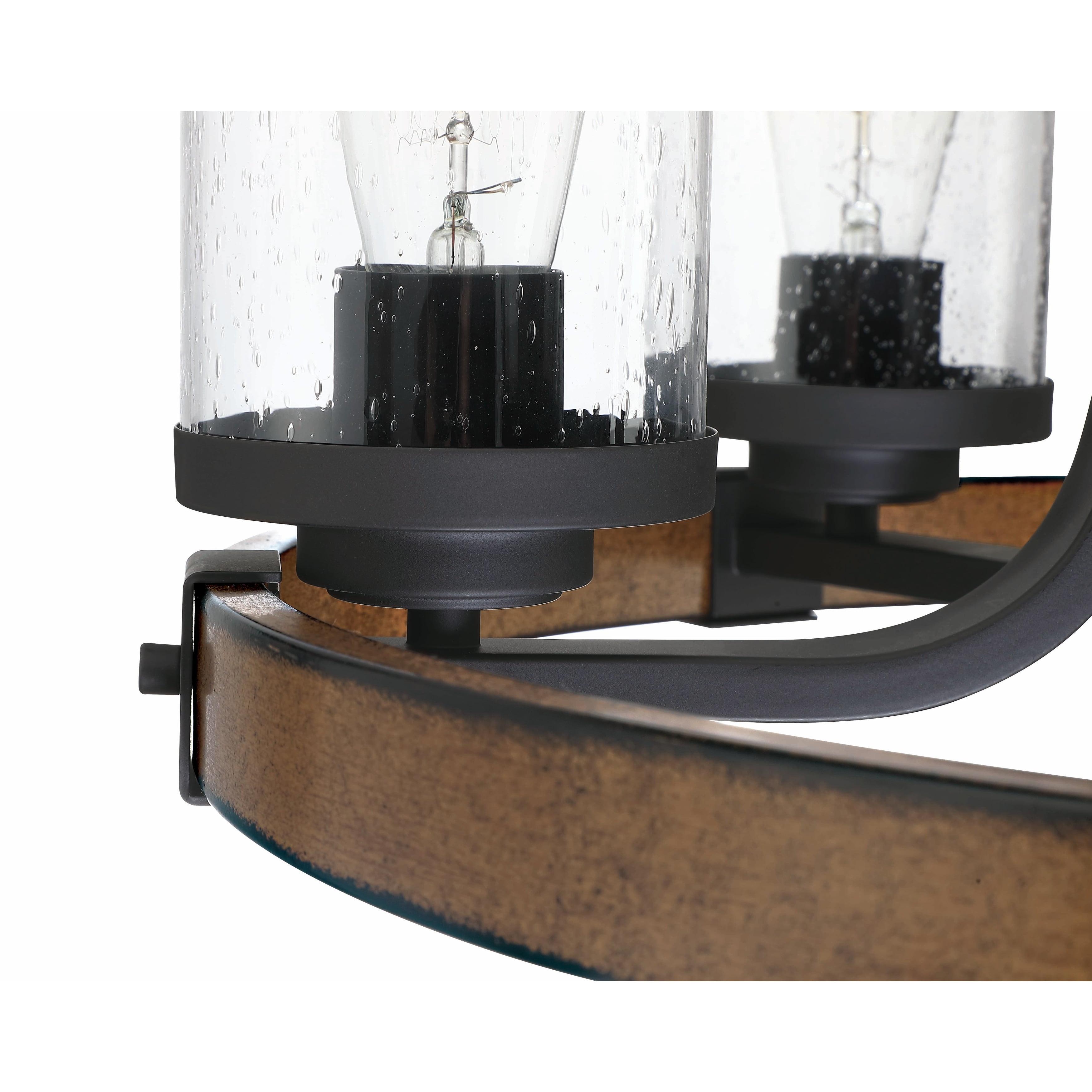 Black and Wood 6-Light Wagon Wheel Chandelier with Seeded Glass Shades