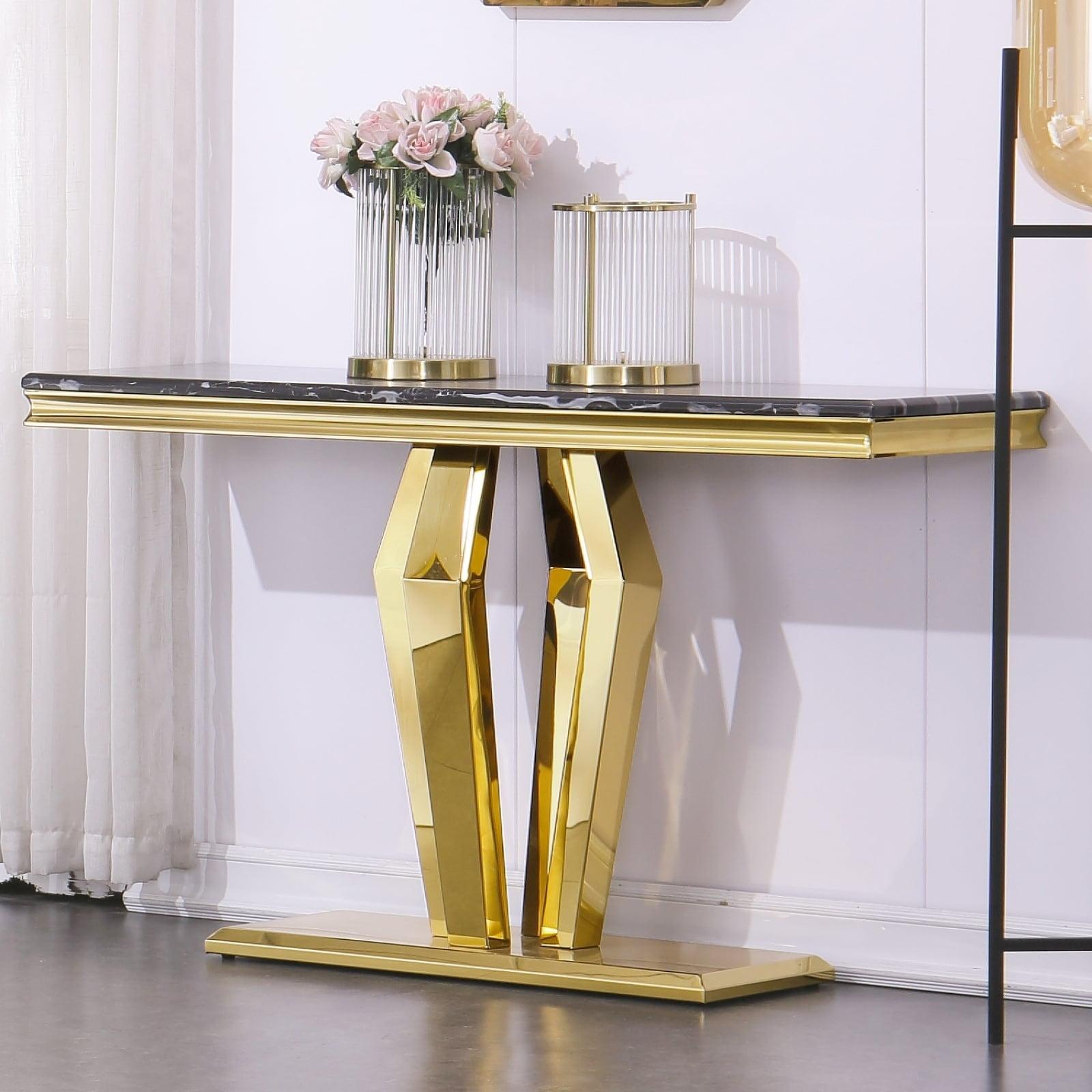 Unbranded Luxury Rectangular Sofa Console Table Modern Living Room Entryway Table with Mirrored Gold Geometric Base Gold