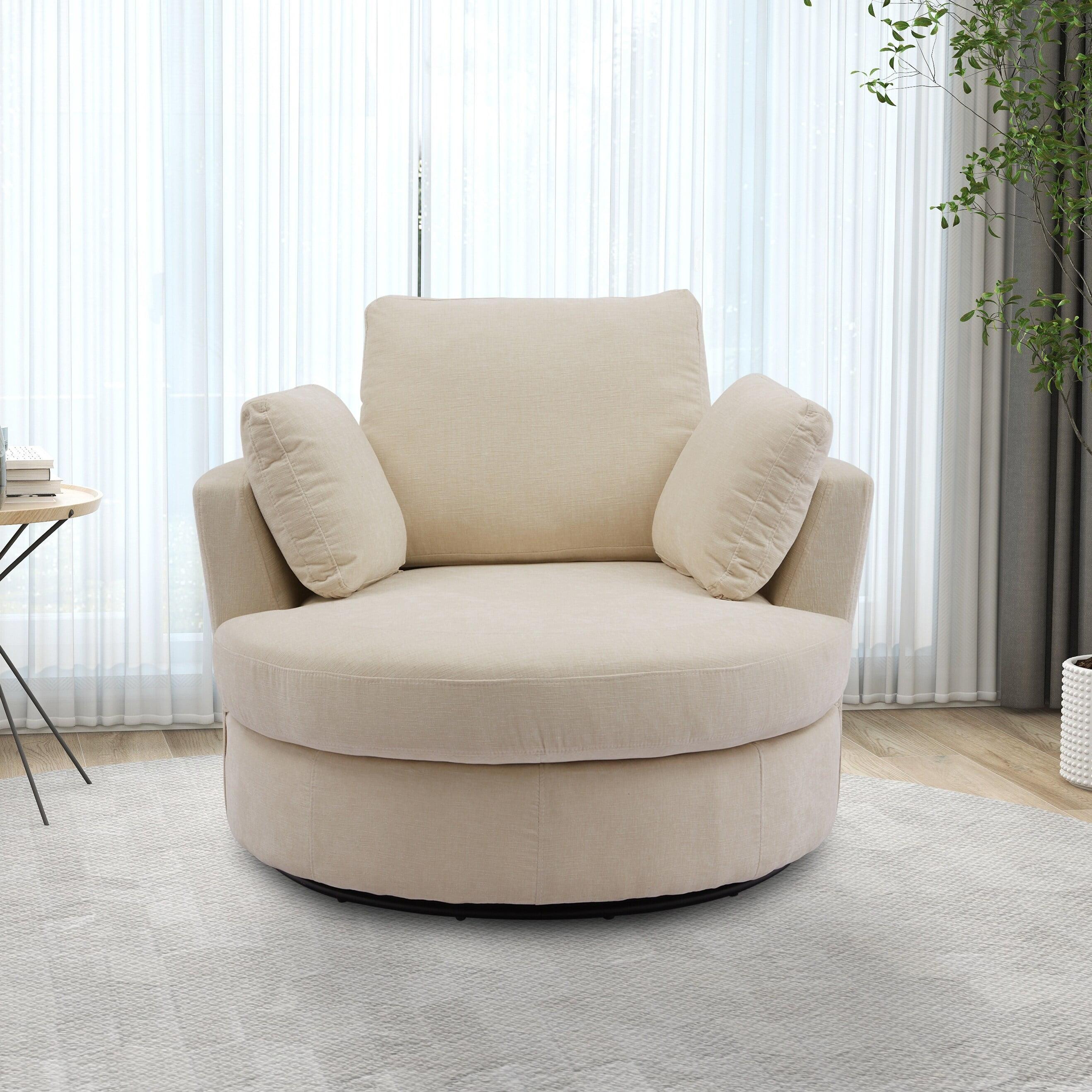 Beige Chenille Swivel Barrel Armchair with Metal Base