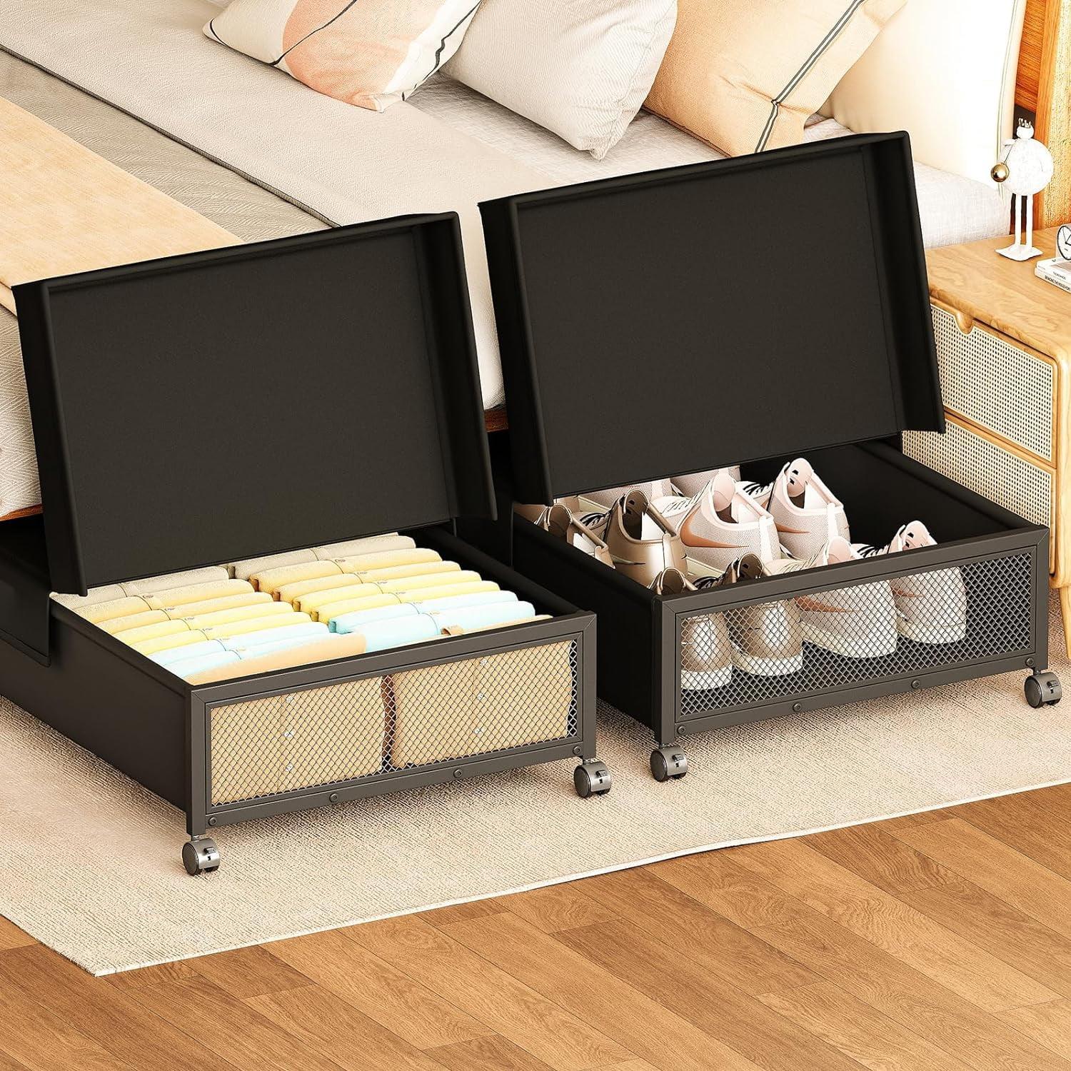 Black Metal and Fabric Under Bed Storage with Wheels, Set of 2