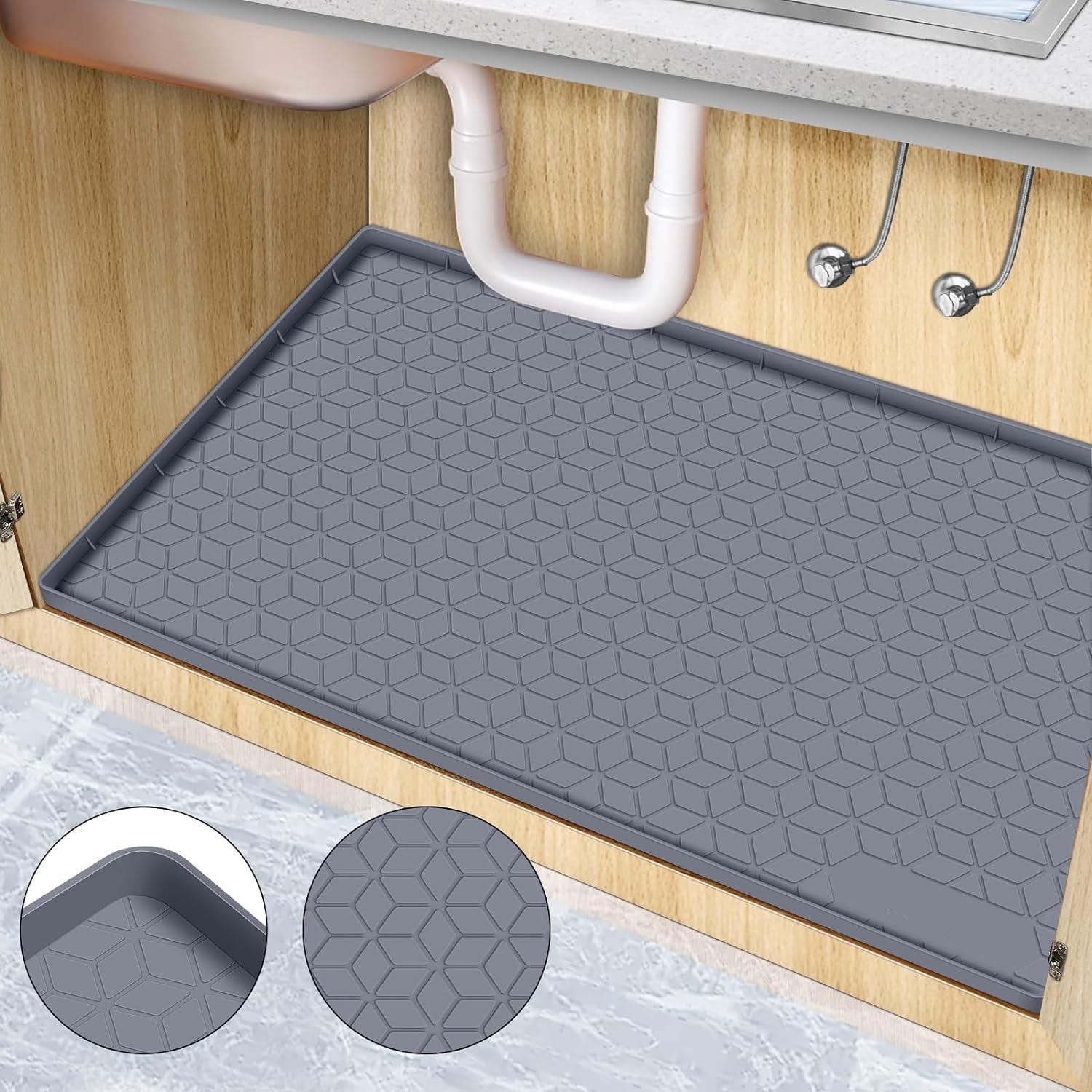 Under Sink Mat, 34" x 22" Waterproof Silicone Under Sink Tray for Kitchen & Laundry Cabinets, Kitchen Cabinet Shelf Protector, Up to 3.3 Gallons Liquid, Fits 36 inch Standard Cabinet (Grey)