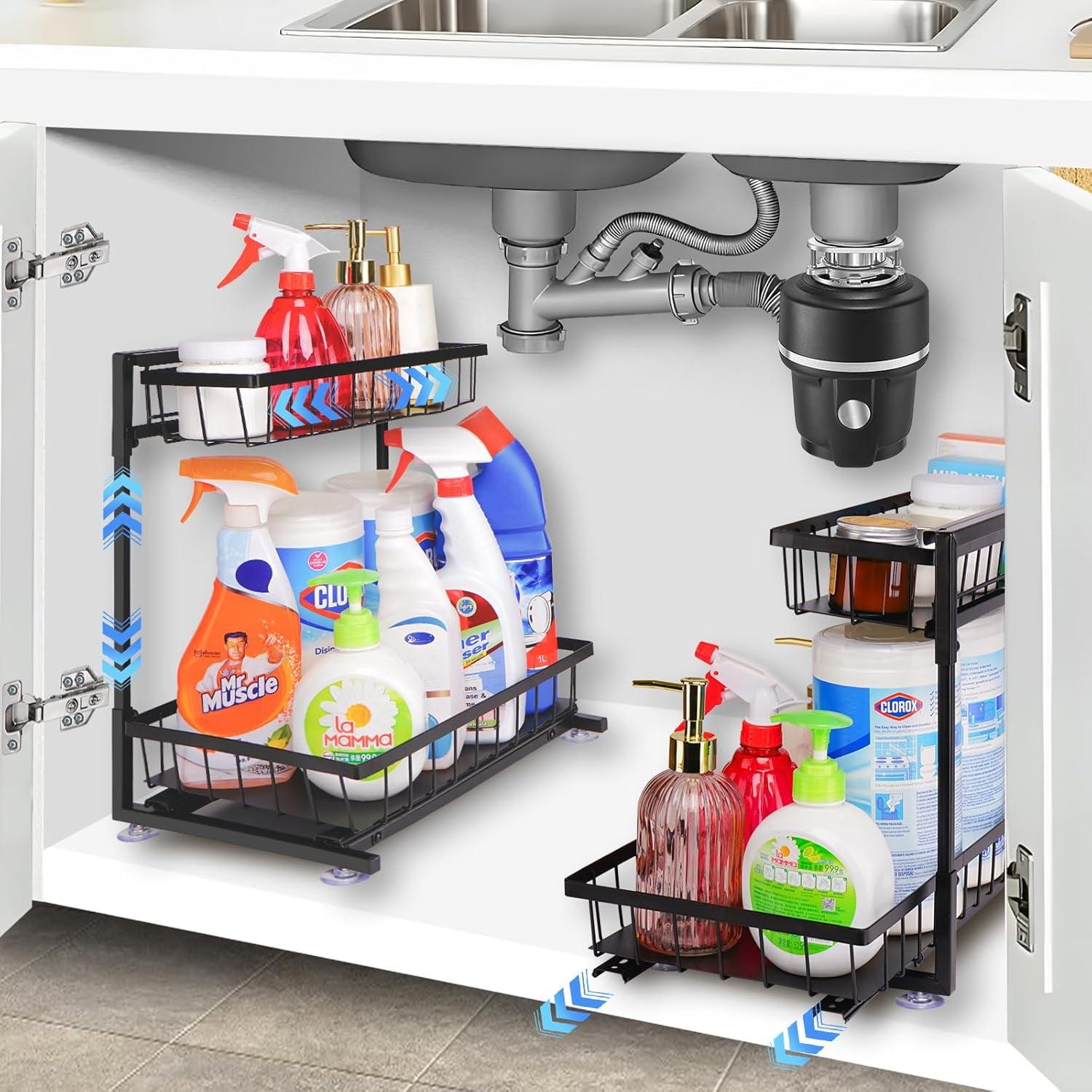 DELAMU 2 Pack Under Sink Organizers and Storage, Pull Out Trash Can Under Cabinet, 2 Tier Bin Organizer with Hooks and Haning Cups, Multi-Purpose Sliding Under Cabinet Organizer