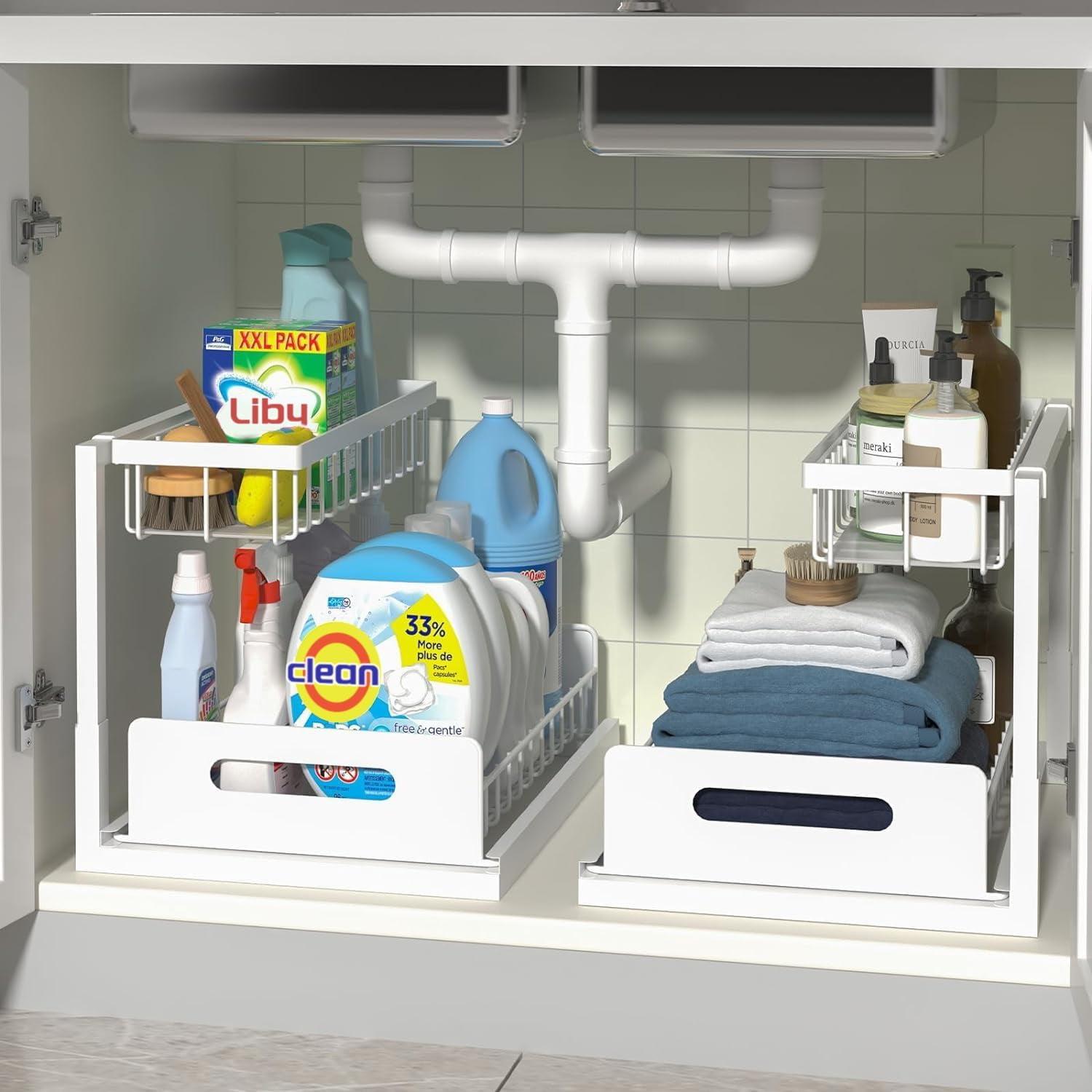 Under Sink Organizers, 2 Pack Metal Pull Out Under Sink Organizers and Storage Shelves with Sliding Drawer, Under Sink Storage for Kitchen, Bathroom, White, 2 Pack…