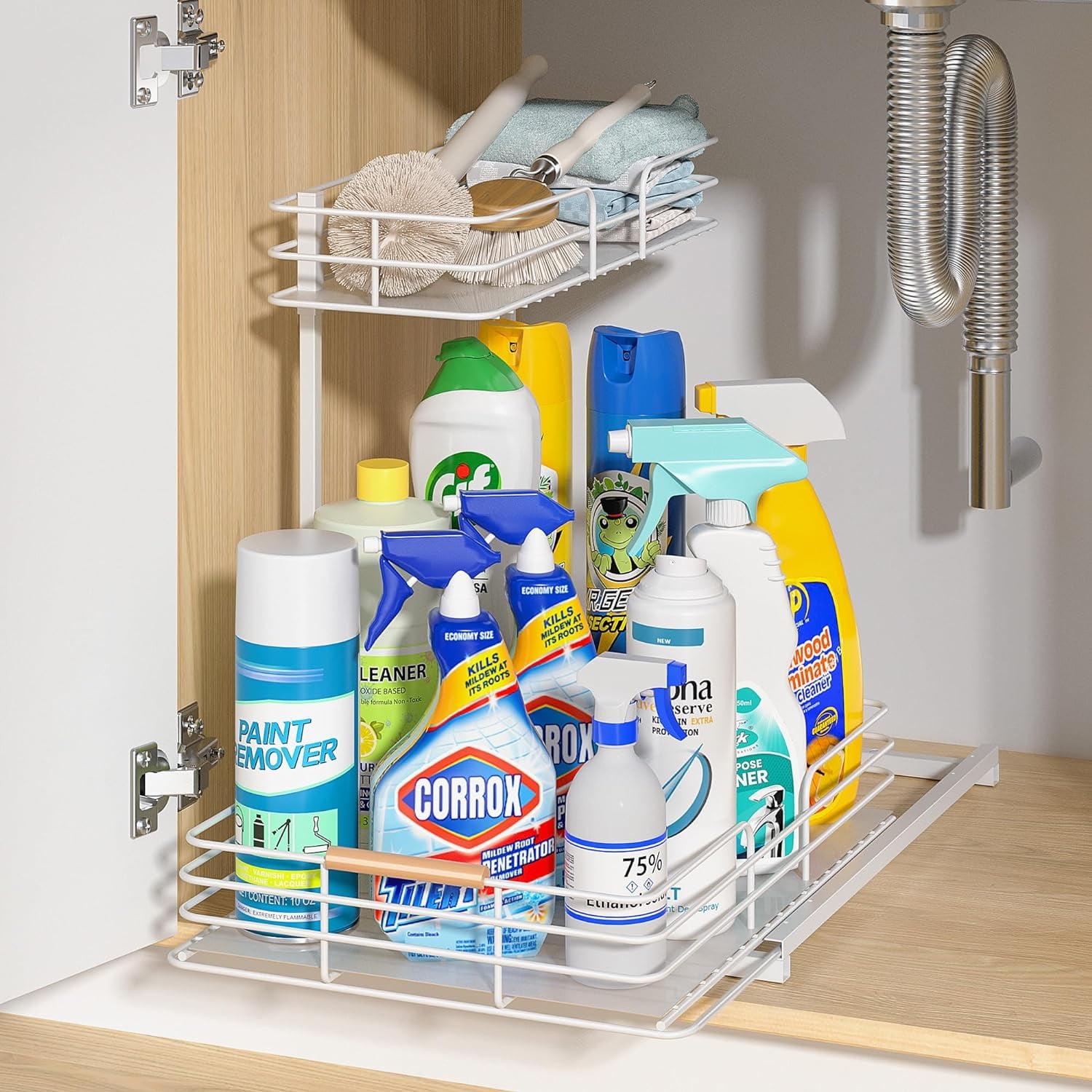 Under Sink Organizers and Storage, Pull Out Bathroom Kitchen Cabinet Organizers and Storage, 2-Tier White Under Sink Shelf Organizer Under Counter Storage Organizer