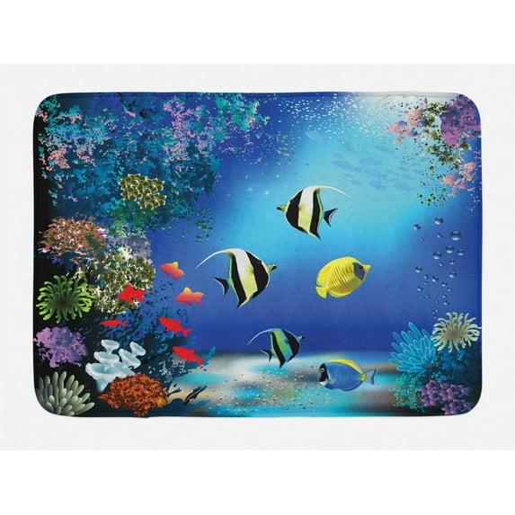 Underwater Bath Mat, Tropical Undersea with Colorful Fishes Swimming in the Ocean Coral Reefs Artsy Image, Non-Slip Plush Mat Bathroom Kitchen Laundry Room Decor, 29.5 X 17.5 Inches, Blue, Ambesonne