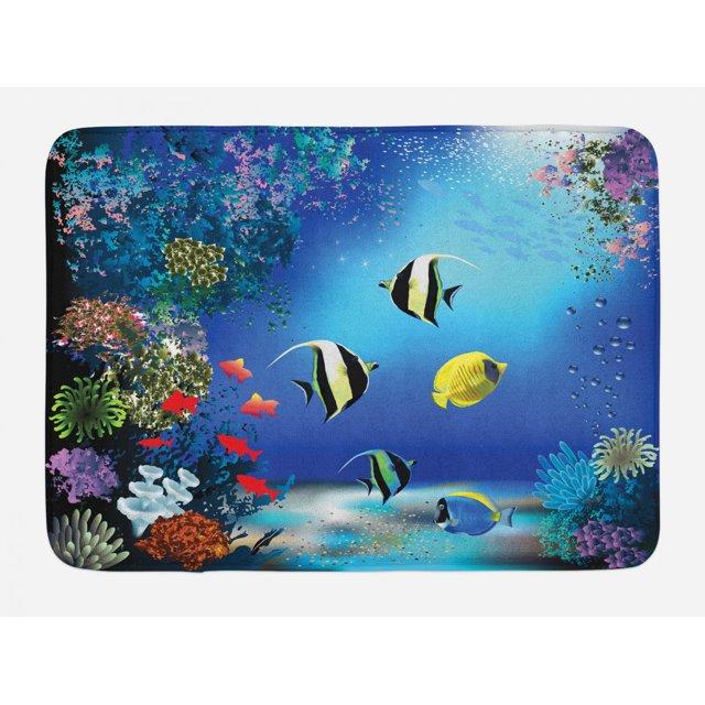 Underwater Bath Mat, Tropical Undersea with Colorful Fishes Swimming in the Ocean Coral Reefs Artsy Image, Non-Slip Plush Mat Bathroom Kitchen Laundry Room Decor, 29.5 X 17.5 Inches, Blue, Ambesonne
