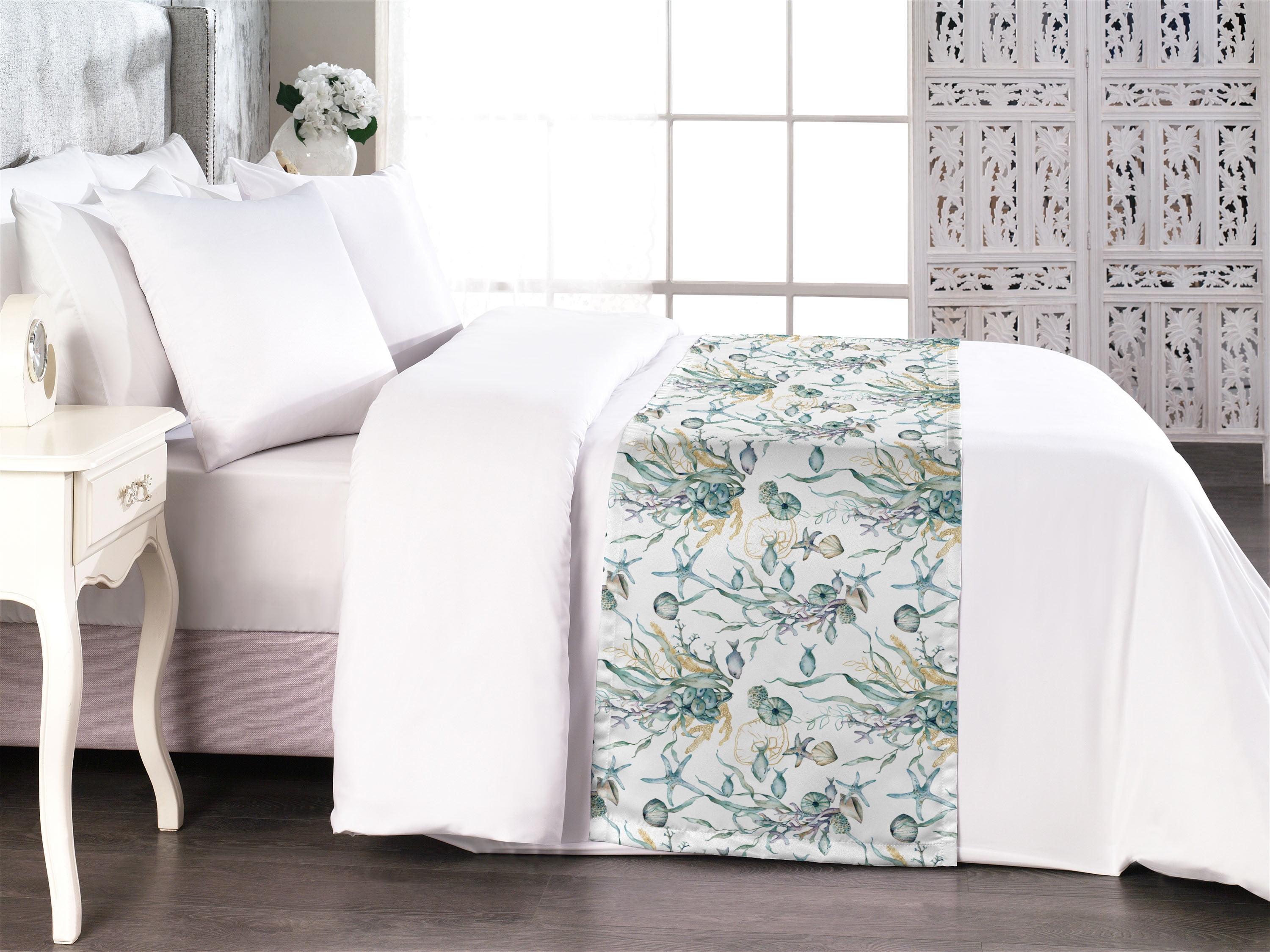 Queen White Polyester Satin Bed Runner Set with Print