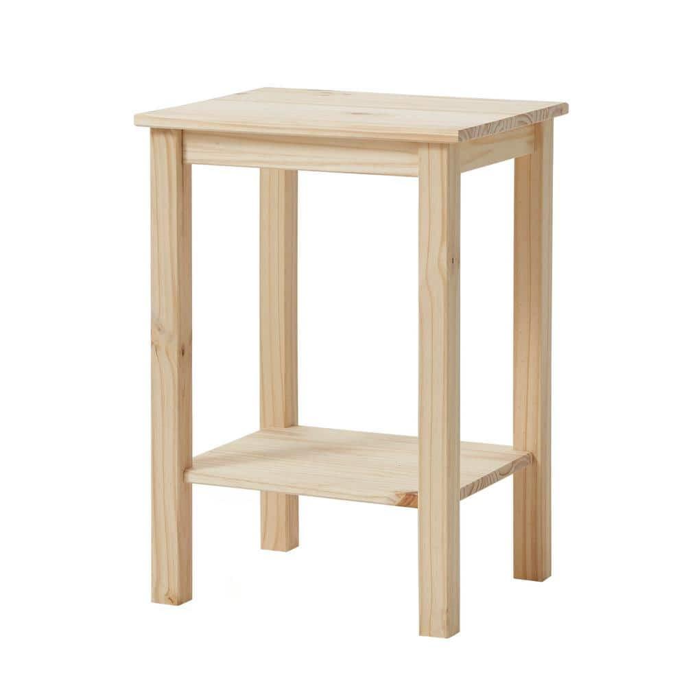 Unfinished Natural Pine Wood Square End Table with Shelf