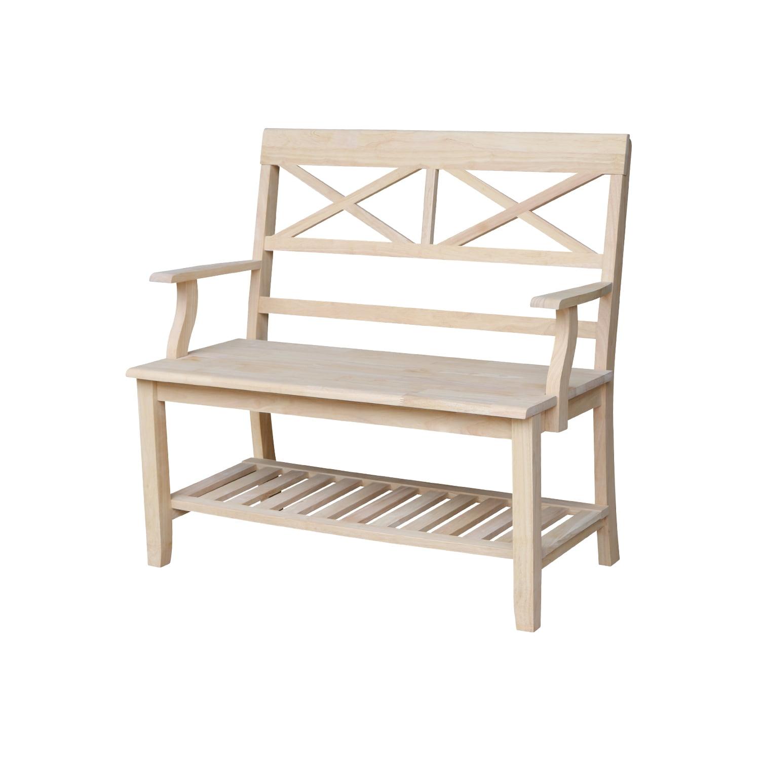 Double X-Back Bench with Arms and a Shelf - International Concepts: Hardwood Frame, Non-Upholstered, 2-Person Seating