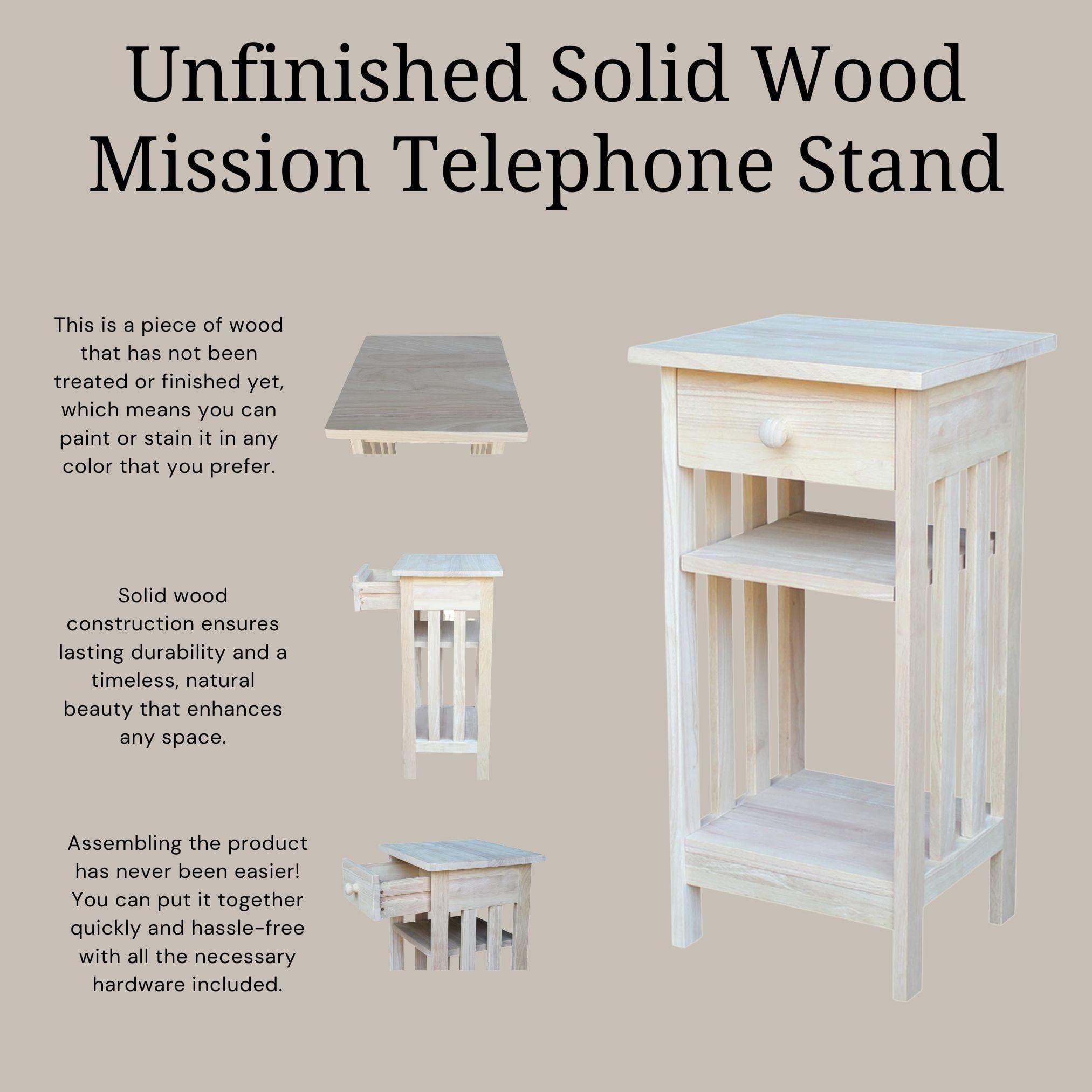 International Concepts Mission Telephone Stand Unfinished : Hardwood Accent Table with Drawer & Fixed Shelf