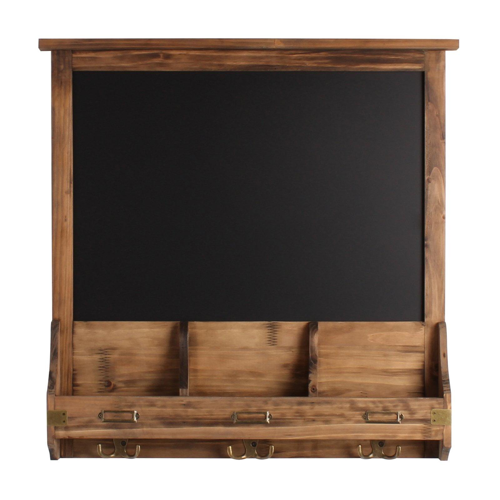Rustic Brown Wood Wall Organizer with Chalkboard and Hooks