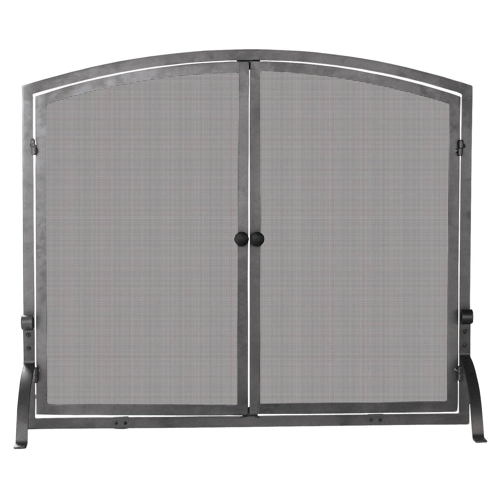 Large Black Iron Single Panel Fireplace Screen with Doors