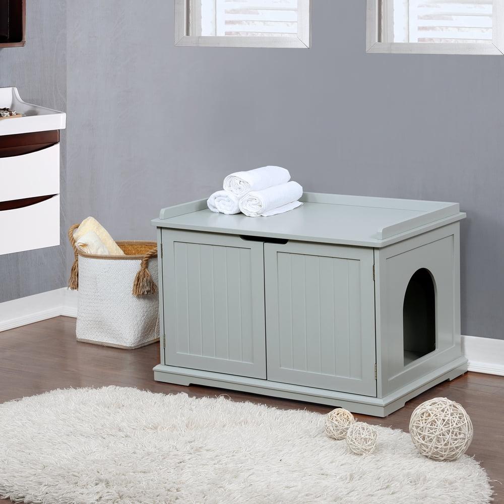 Gray Wooden Cat Washroom Storage Bench with Litter Box Cover