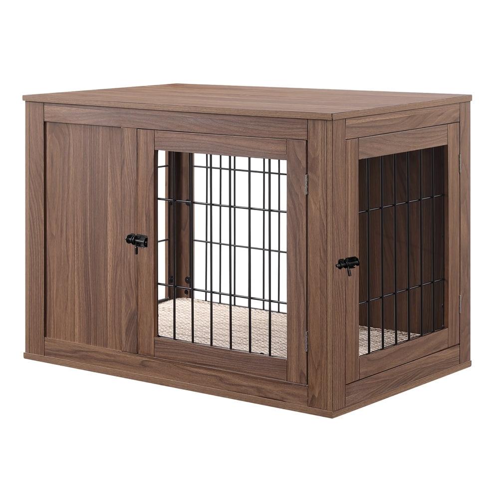 Unipaws Dog Crate End Table with Cushion, Wooden Wire Pet Kennels with Double Doors, Modern Design Dog House, Chew-Proof, Walnut