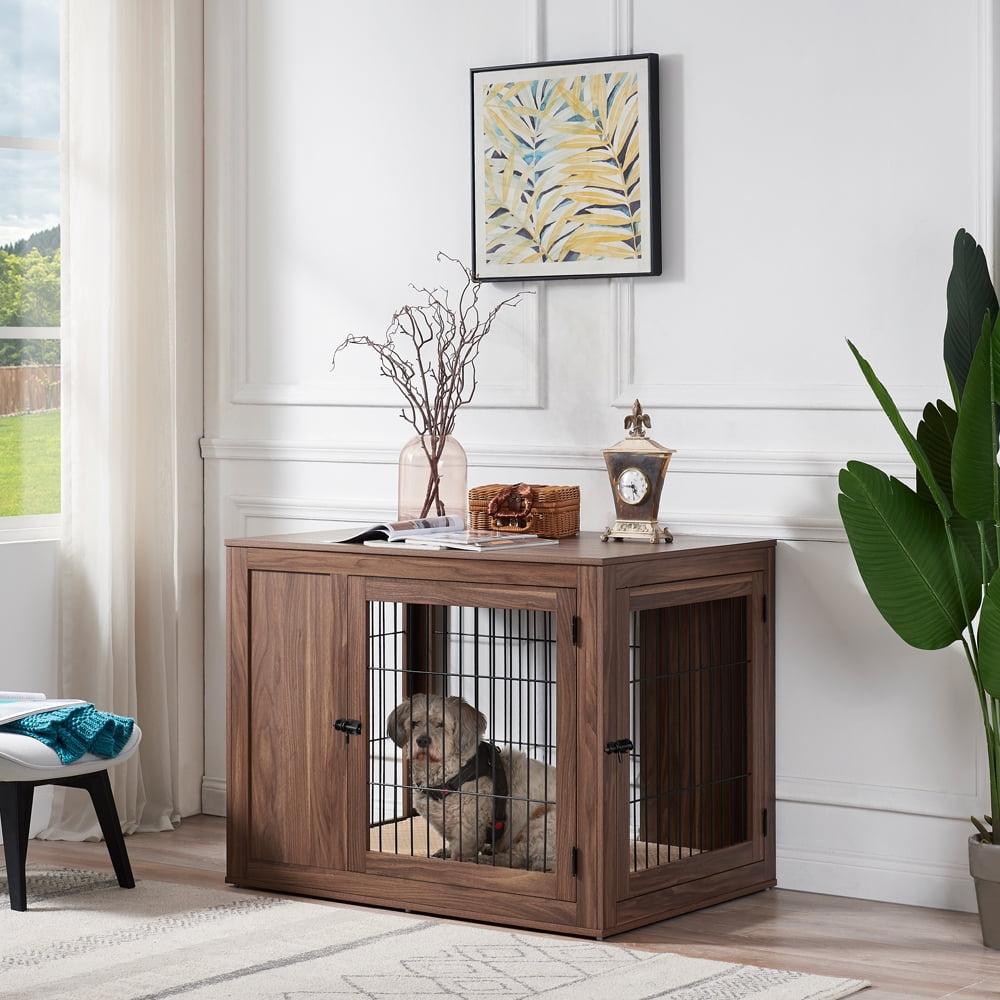 Unipaws Dog Crate End Table with Cushion, Wooden Wire Pet Kennels with Double Doors