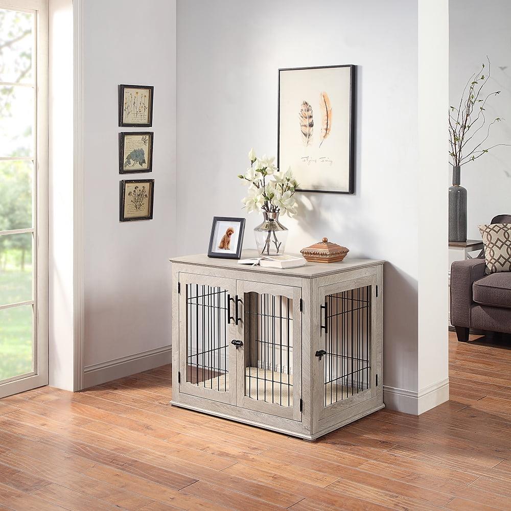 Large Gray Wooden Dog Crate End Table with Pet Bed