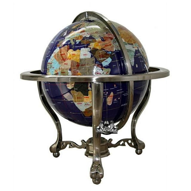 Unique Art 21-Inch Tall Blue Lapis Ocean Table Top Gemstone World Globe with Tripod Silver Stand w 50 US ST Stones