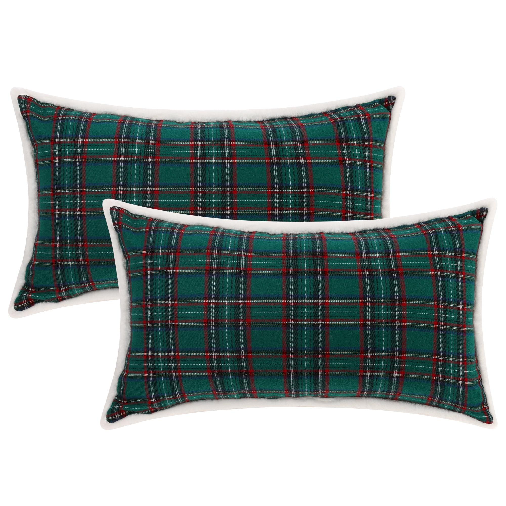 Green Plaid Cotton Polyester Rectangular Pillow Covers 12" x 20"