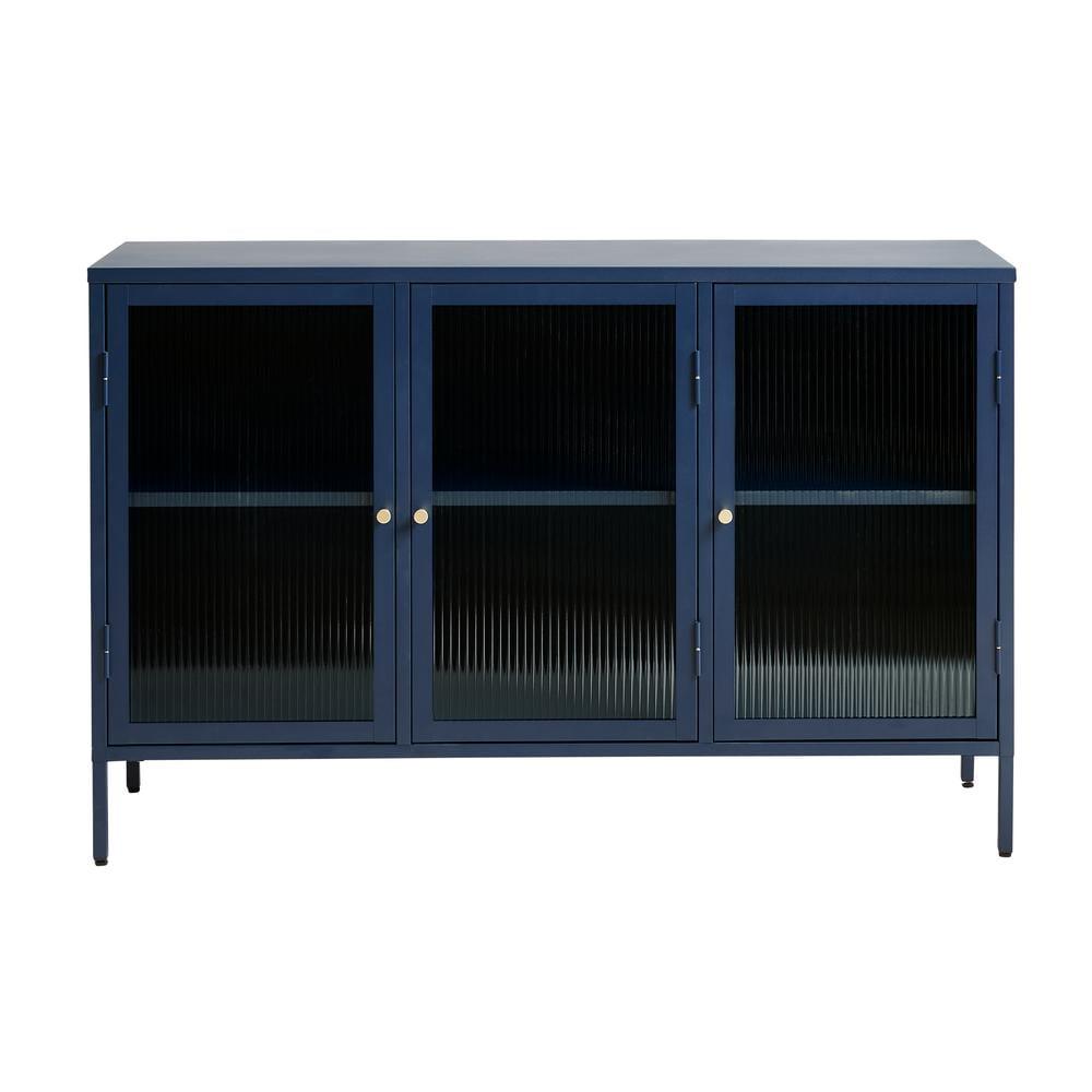 Blue Metal and Glass 3-Door Sideboard with Golden Handles