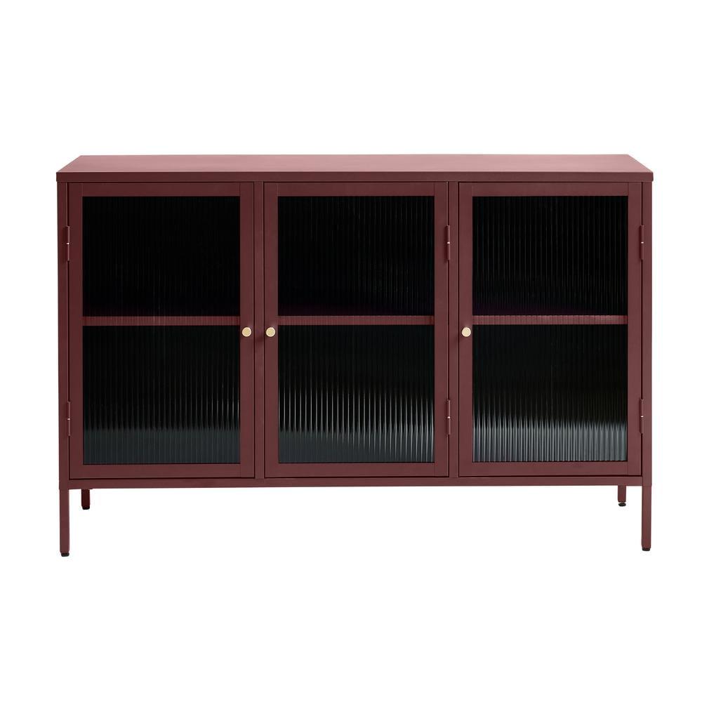 Red 3-Door Metal and Glass Sideboard with Golden Accents