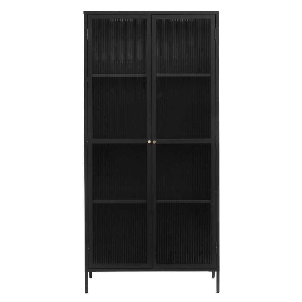 75" Black Metal and Glass Display Cabinet with Golden Accents