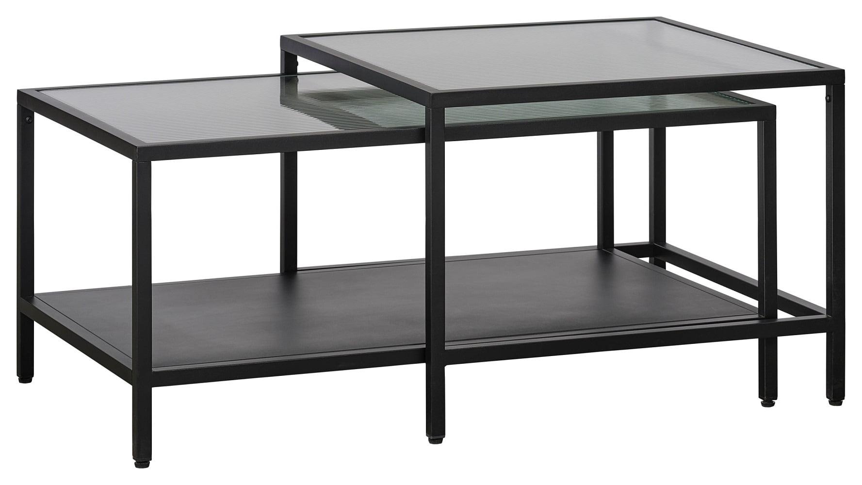 Black Metal and Fluted Glass Rectangular Nesting Coffee Table Set