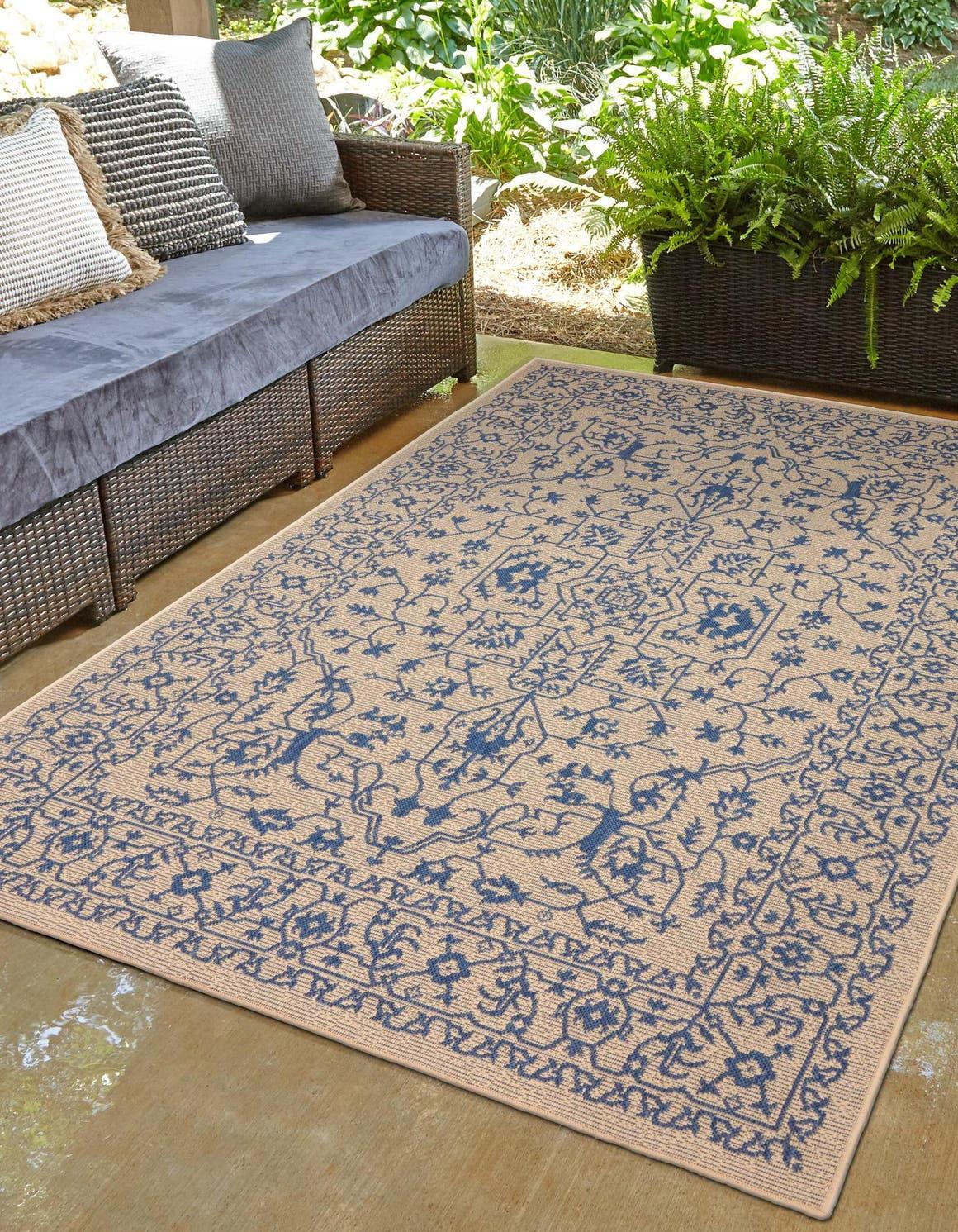 Beige and Blue Synthetic Rectangular Outdoor Rug, Stain-Resistant and Easy Care
