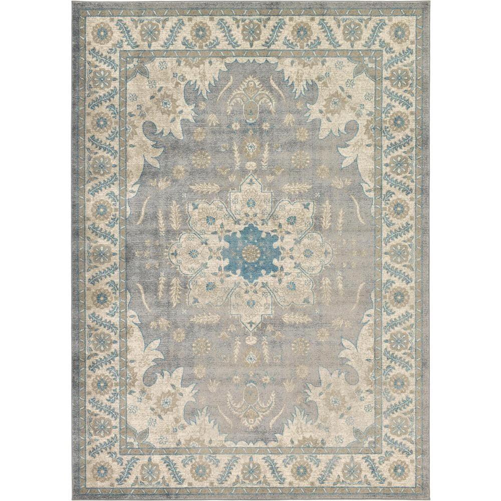 Gray Floral Synthetic Easy Care Rectangular Rug 7' x 10'