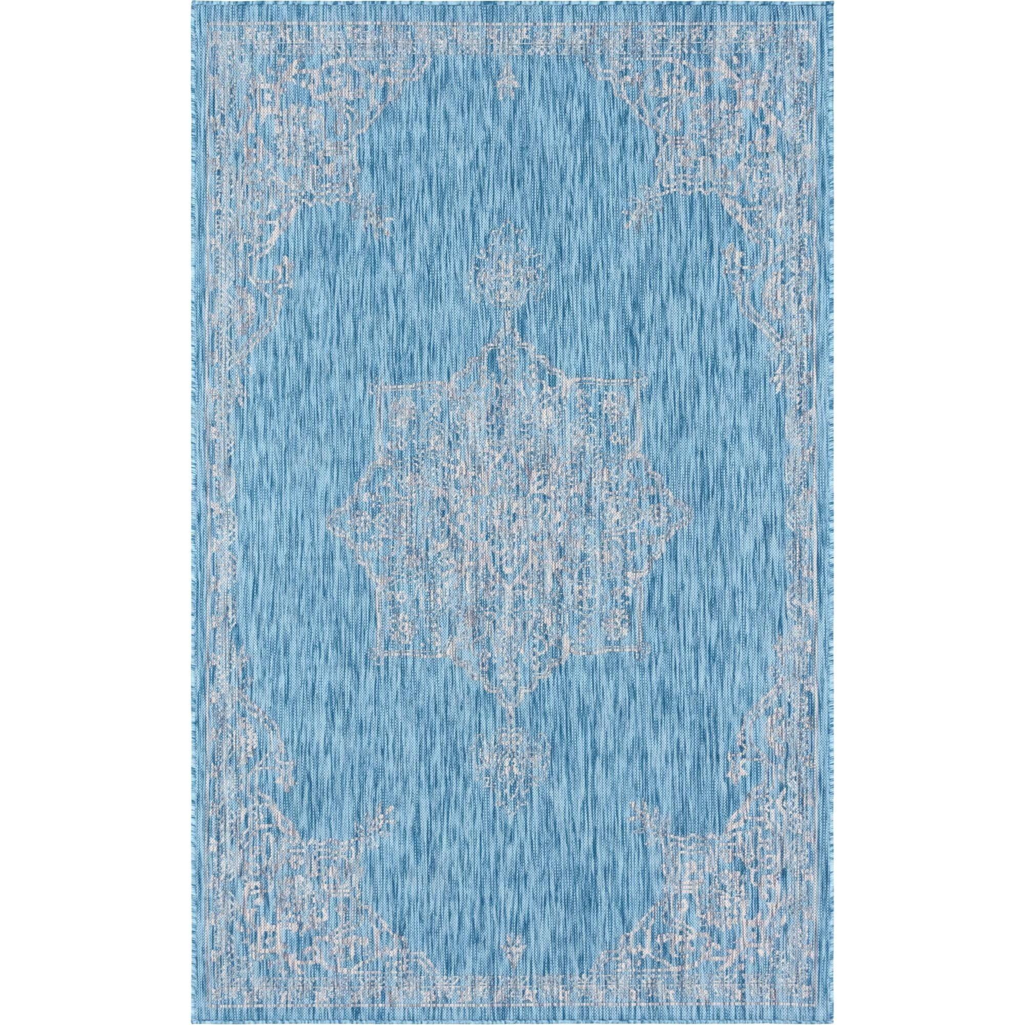 Aqua Blue Rectangular Synthetic Outdoor Area Rug