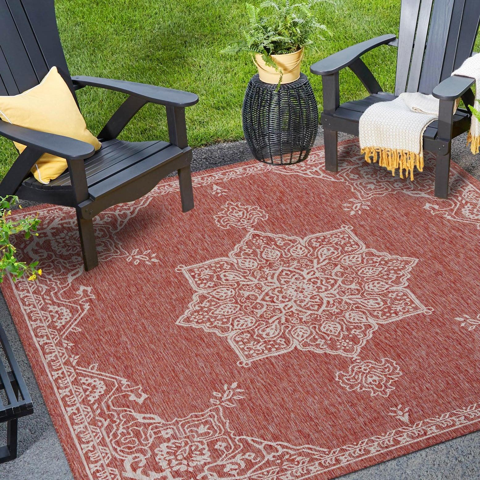 Rust Red and Ivory 12' Square Outdoor Medallion Area Rug