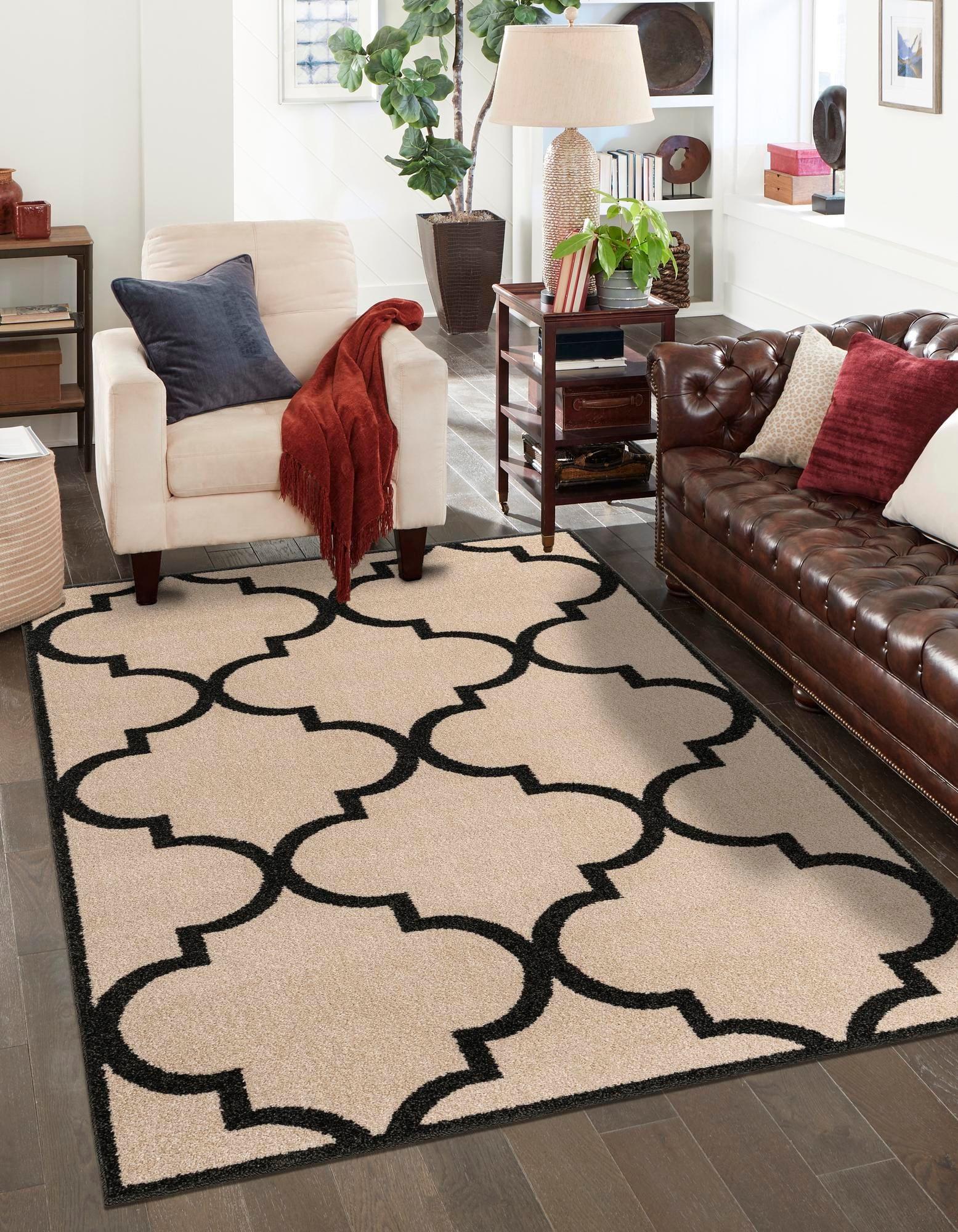 Beige and Black Trellis 7' x 10' Rectangular Easy Care Rug