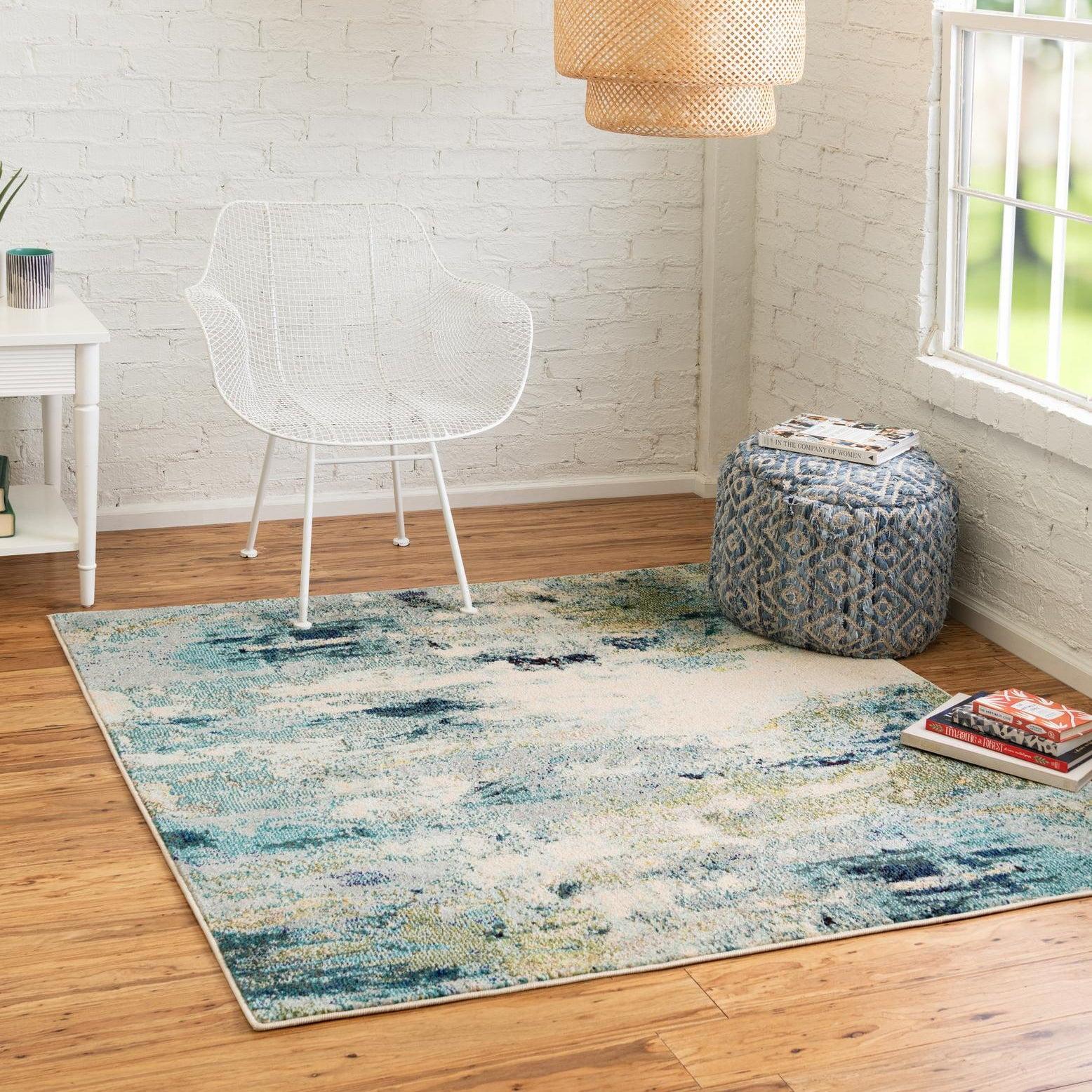 Luminous Harmony 4' Square Light Blue & Beige Abstract Synthetic Rug