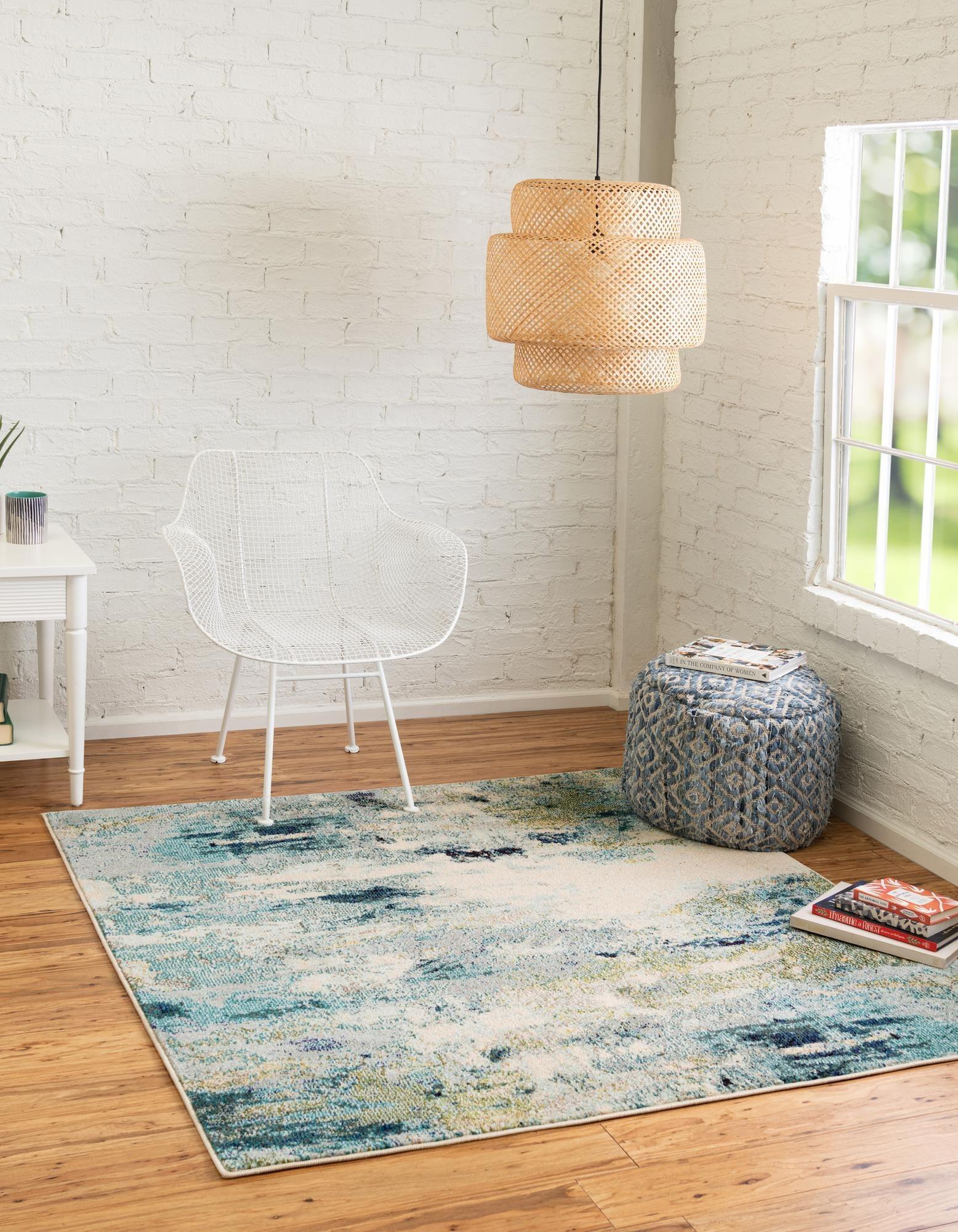 Light Blue and Beige Abstract Square Synthetic Rug 5'1"