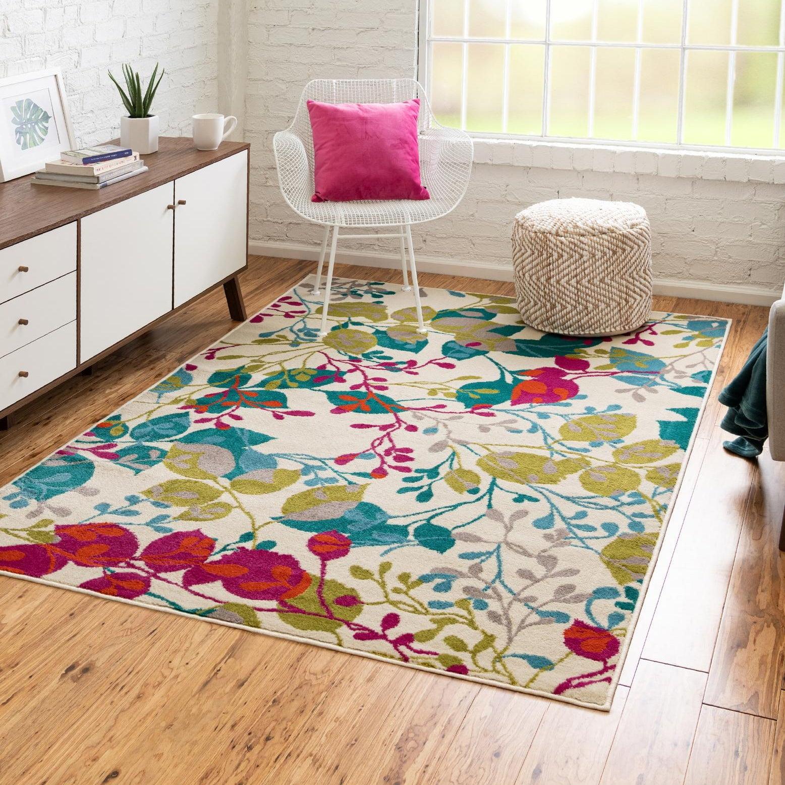 Unique Loom Azalea Collection Area Rug - Indica (5' 3" x 8' Rectangle Ivory/Teal)