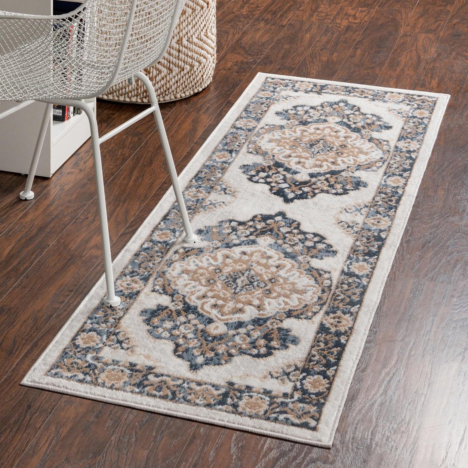 Ivory and Blue Floral Synthetic Runner Rug