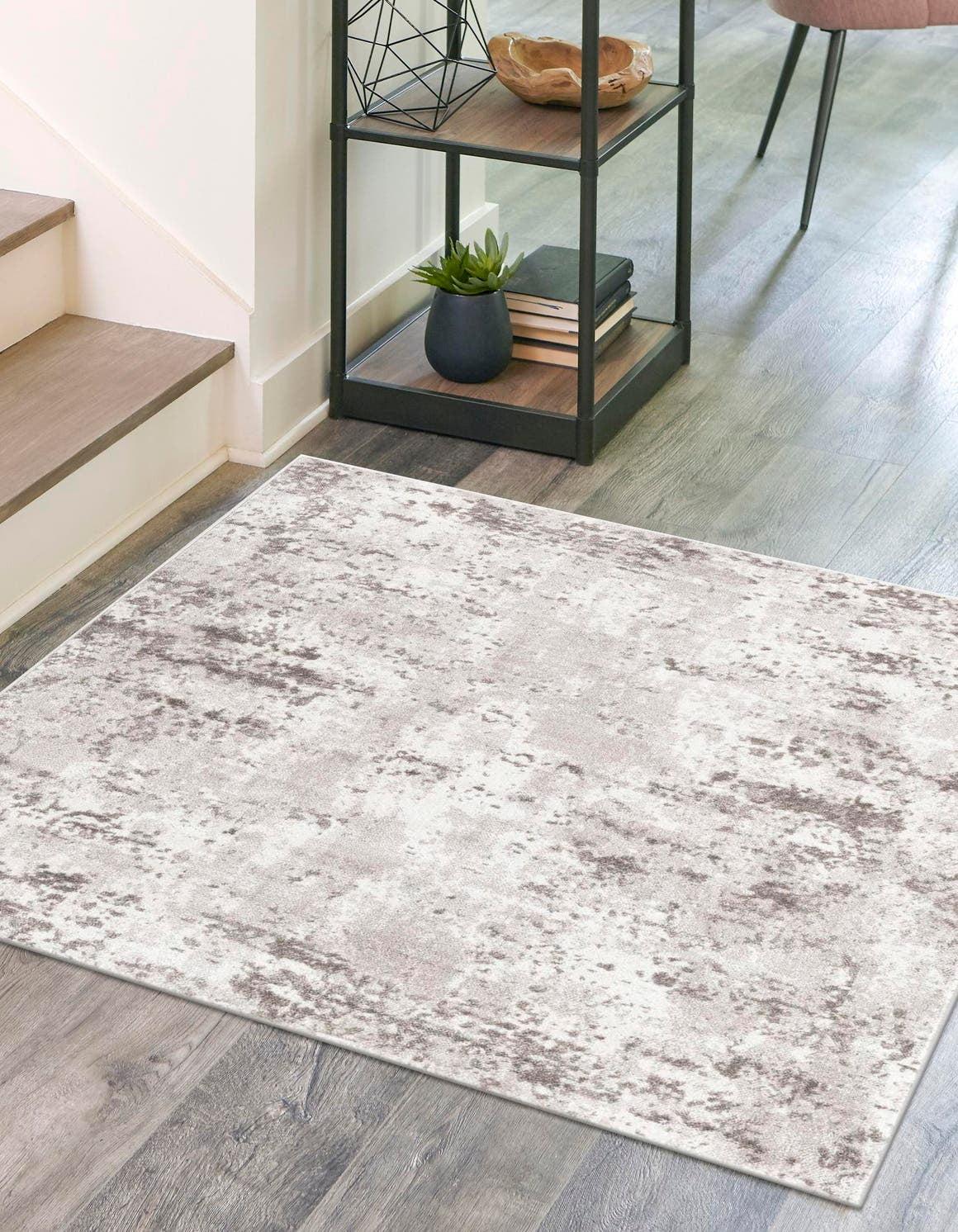 Stone Gray Square Stain-Resistant Synthetic Rug, 6' x 6'