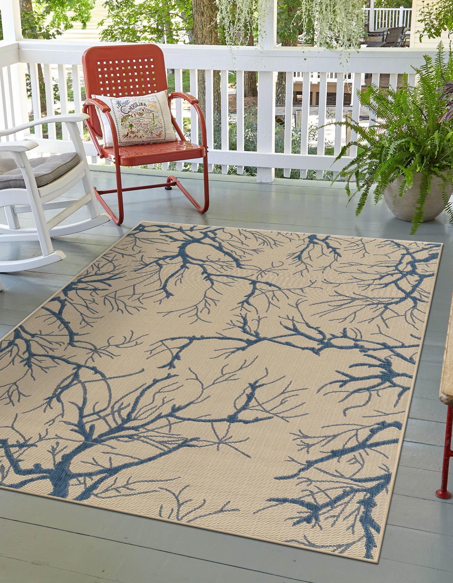 Beige and Blue Botanical Branch Outdoor Area Rug 7' x 10'