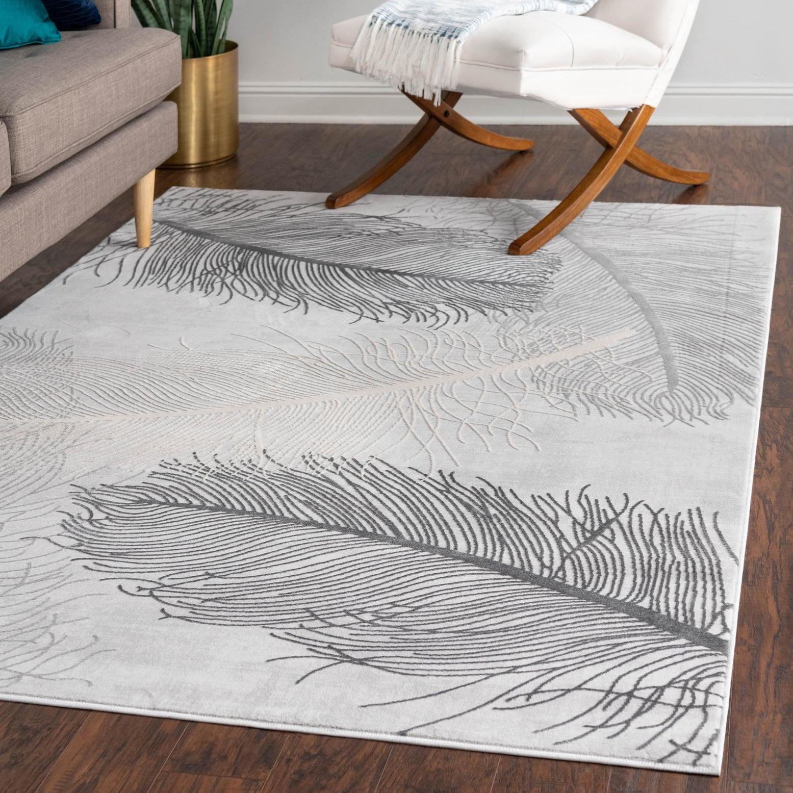 Gray Feather Pattern Stain-Resistant Synthetic Area Rug, 4' x 6'