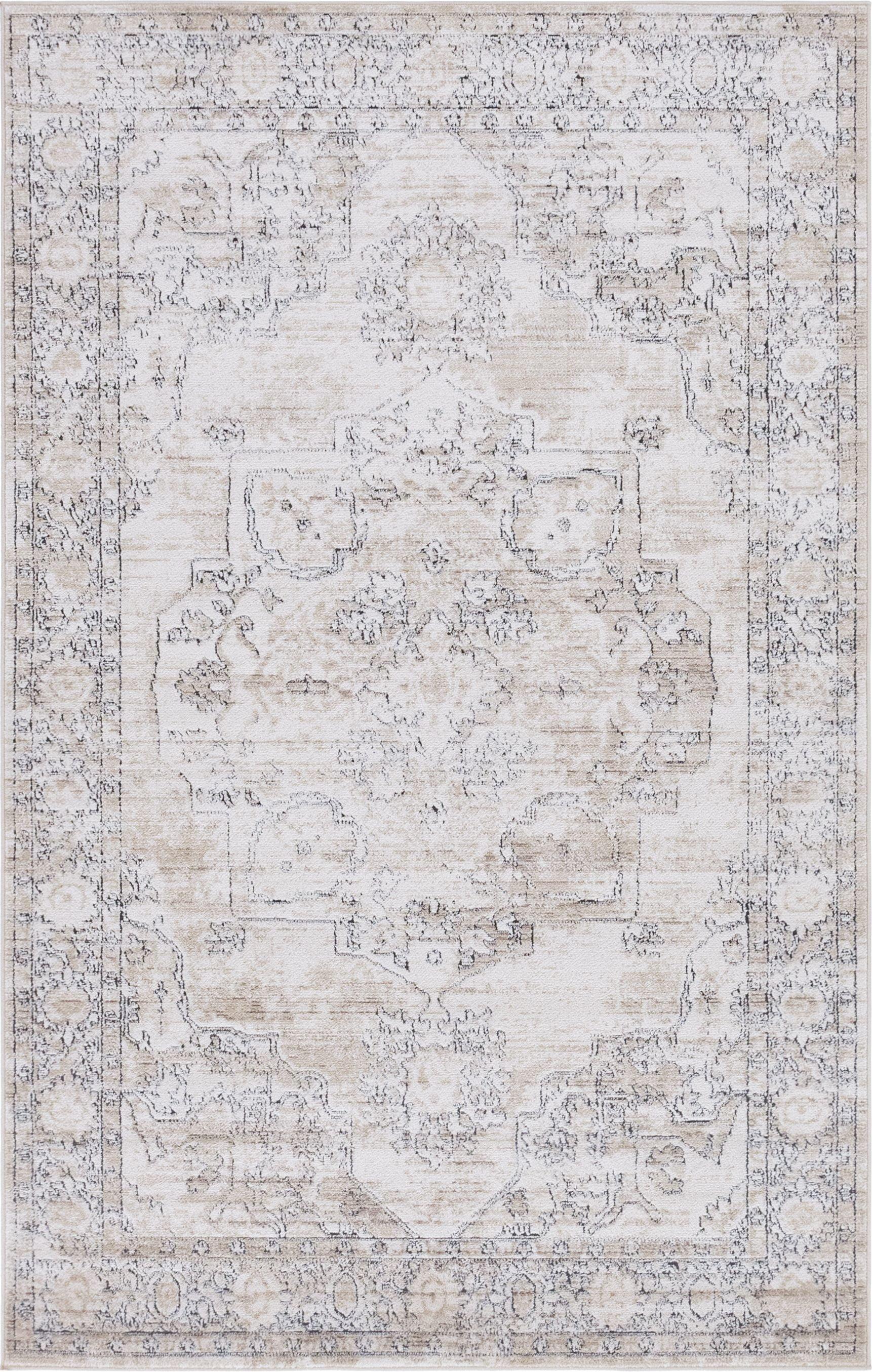 Ivory and Gray Geometric Synthetic 5'3" x 8' Area Rug