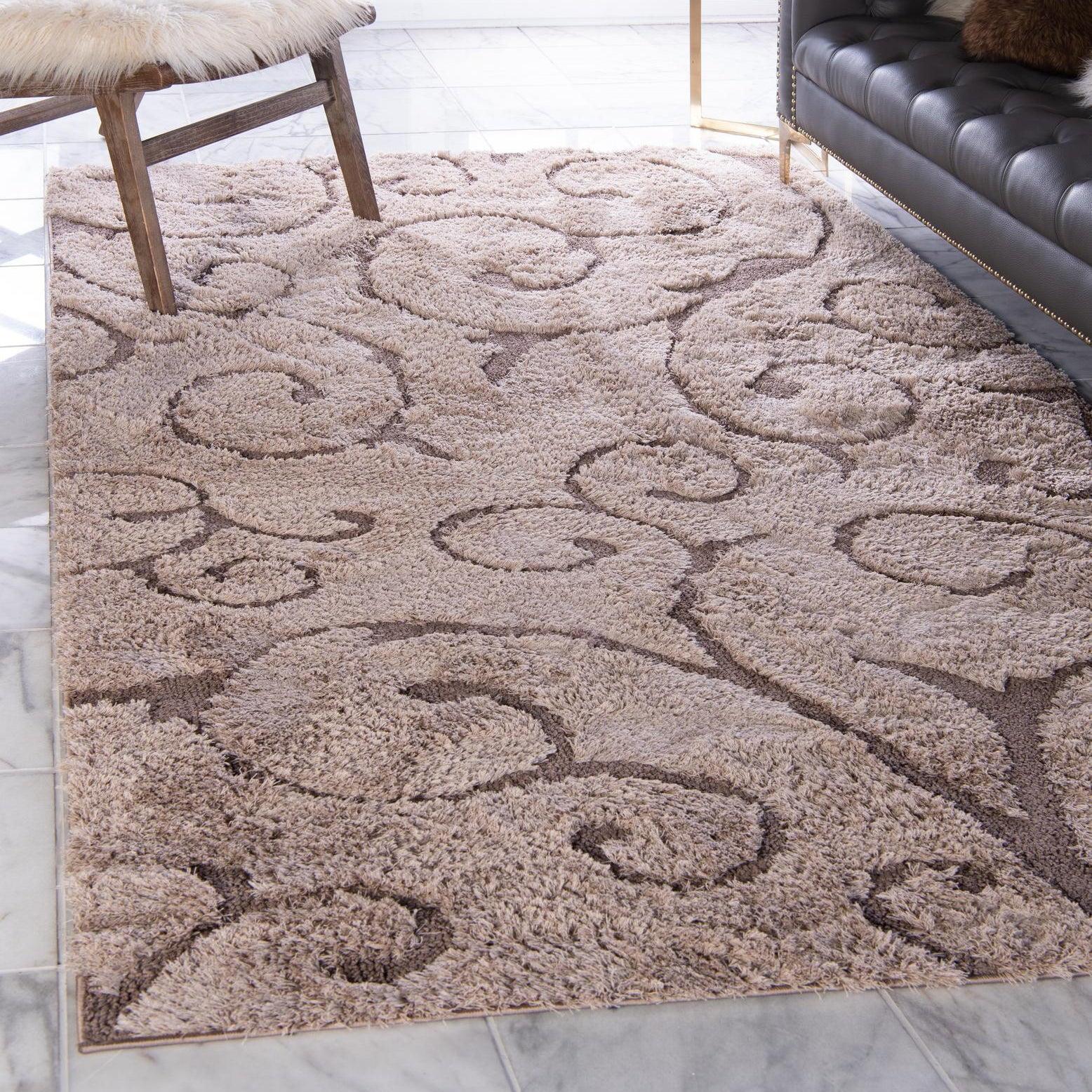 Unique Loom Floral Shag Collection Area Rug - Carved (9' x 12' 2" Rectangle Light Brown)