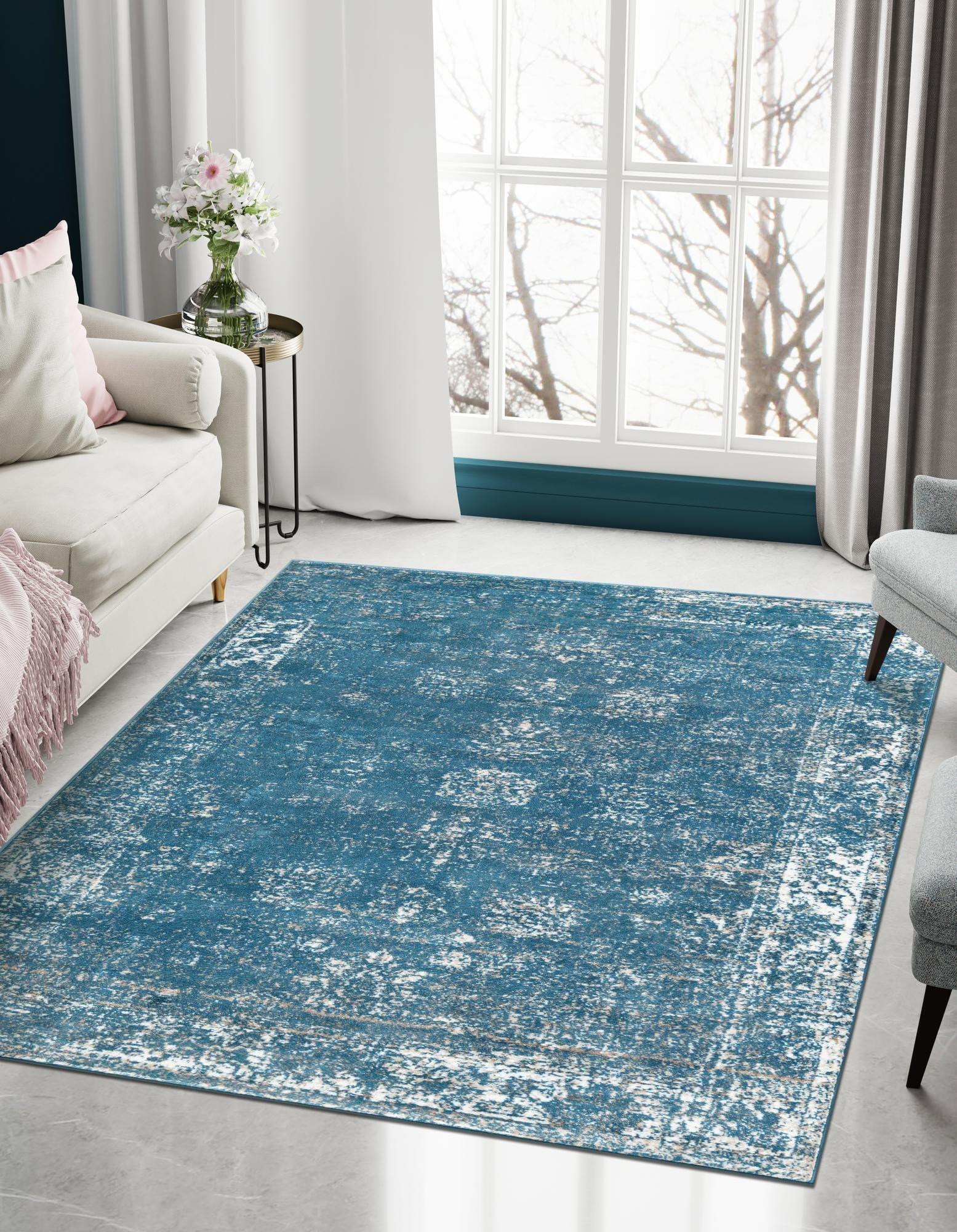 Blue Rectangular Easy Care Stain-Resistant Indoor Area Rug