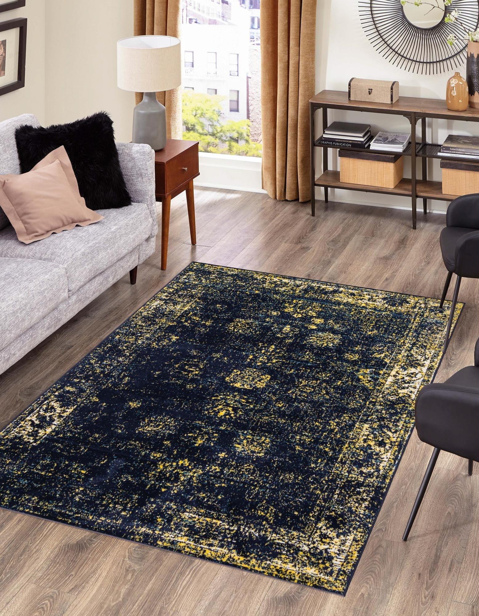 Navy Blue and Yellow Floral Motif Area Rug