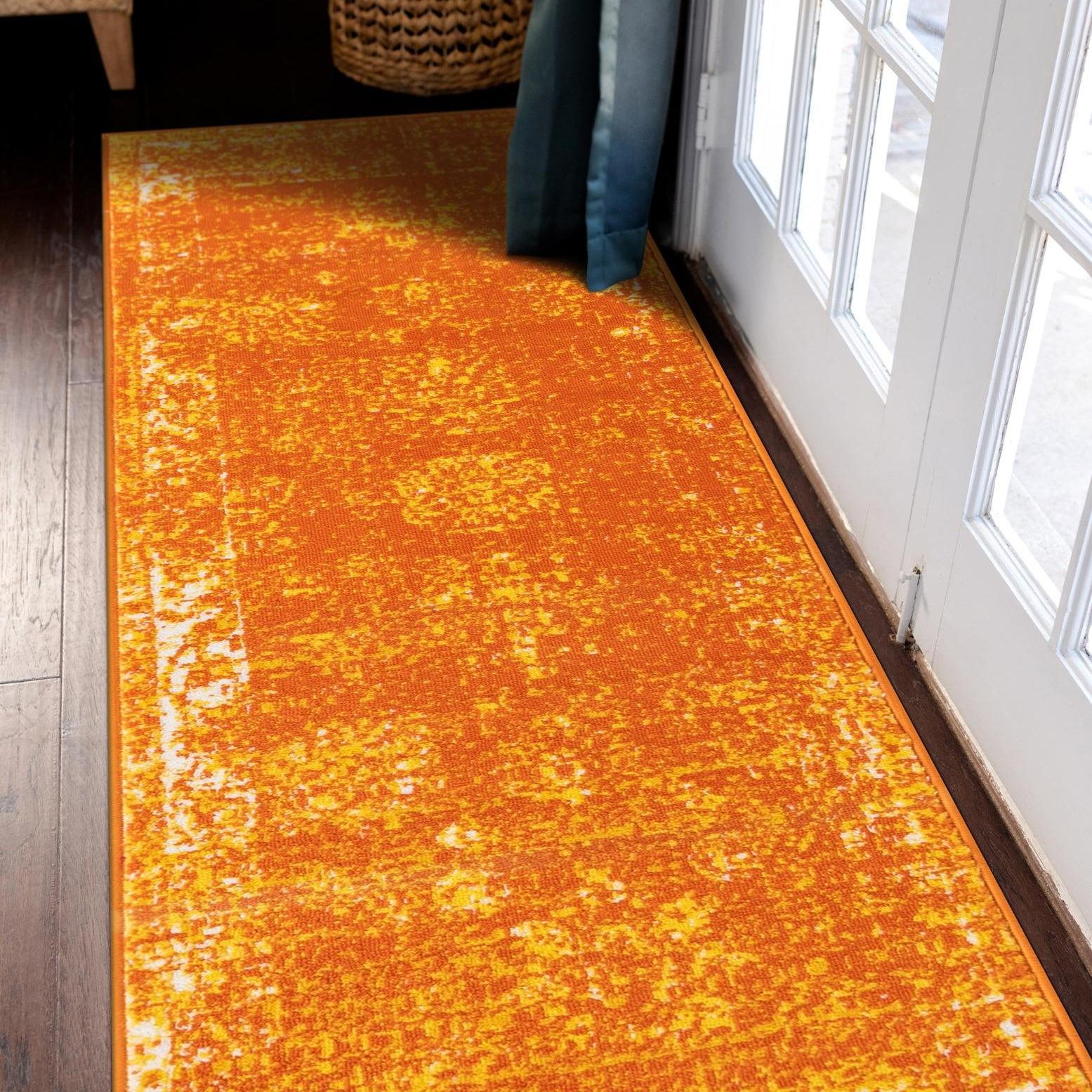 Vibrant Orange Synthetic Runner Rug with Easy Care