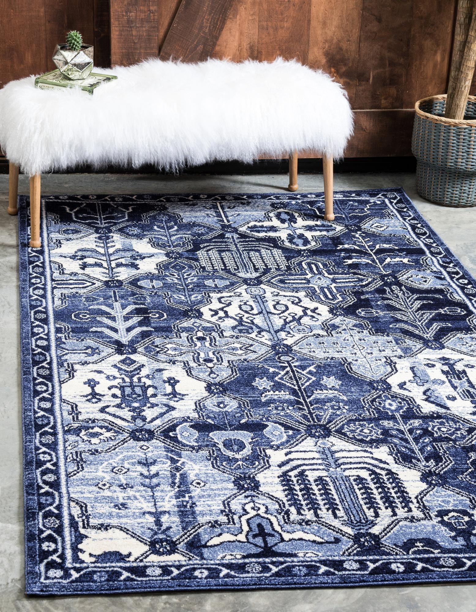 Miranda 4' x 6' Blue and Ivory Easy-Care Synthetic Area Rug