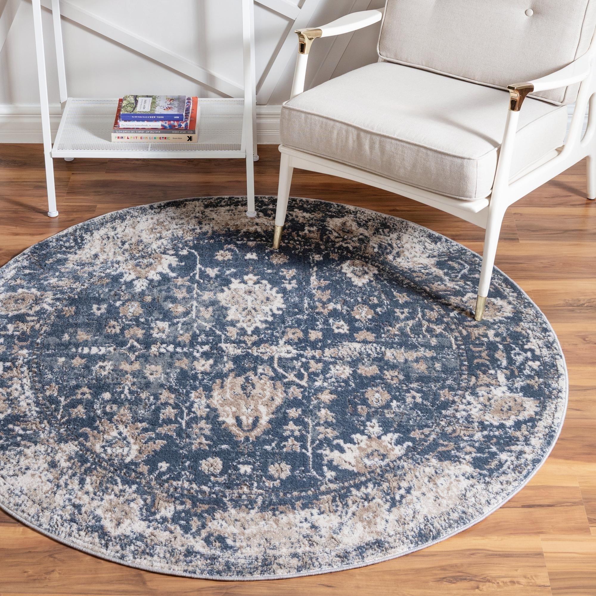 Portland Blue and Beige Round Geometric Synthetic Rug