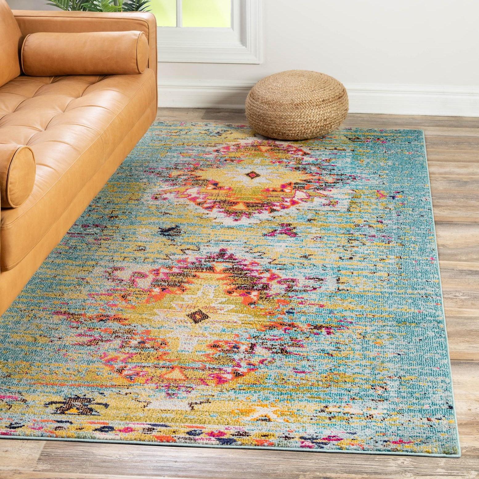 Reversible Abstract Blue Synthetic 8' x 10' Easy-Care Area Rug