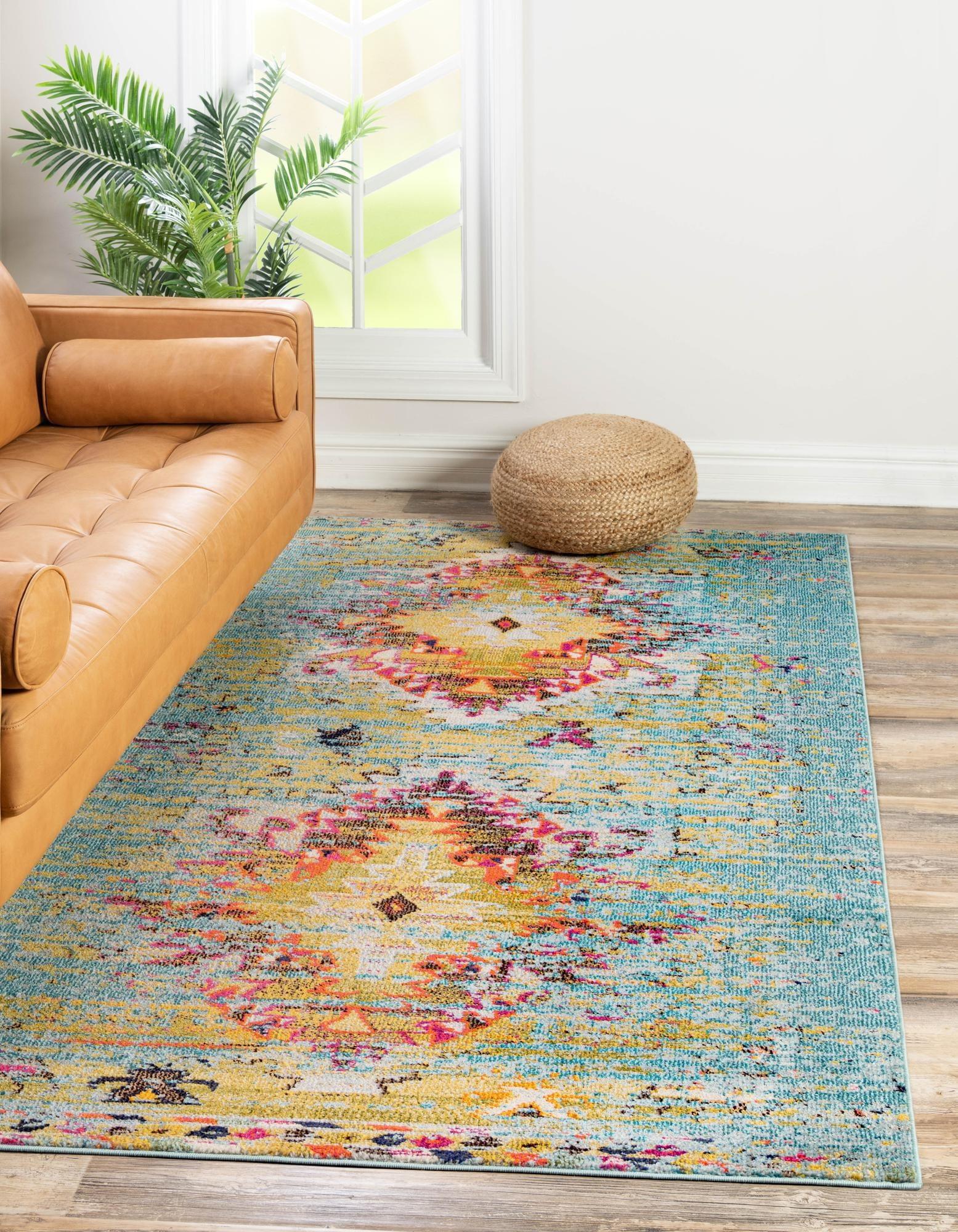 Reversible Abstract Blue Synthetic 8' x 10' Easy-Care Area Rug